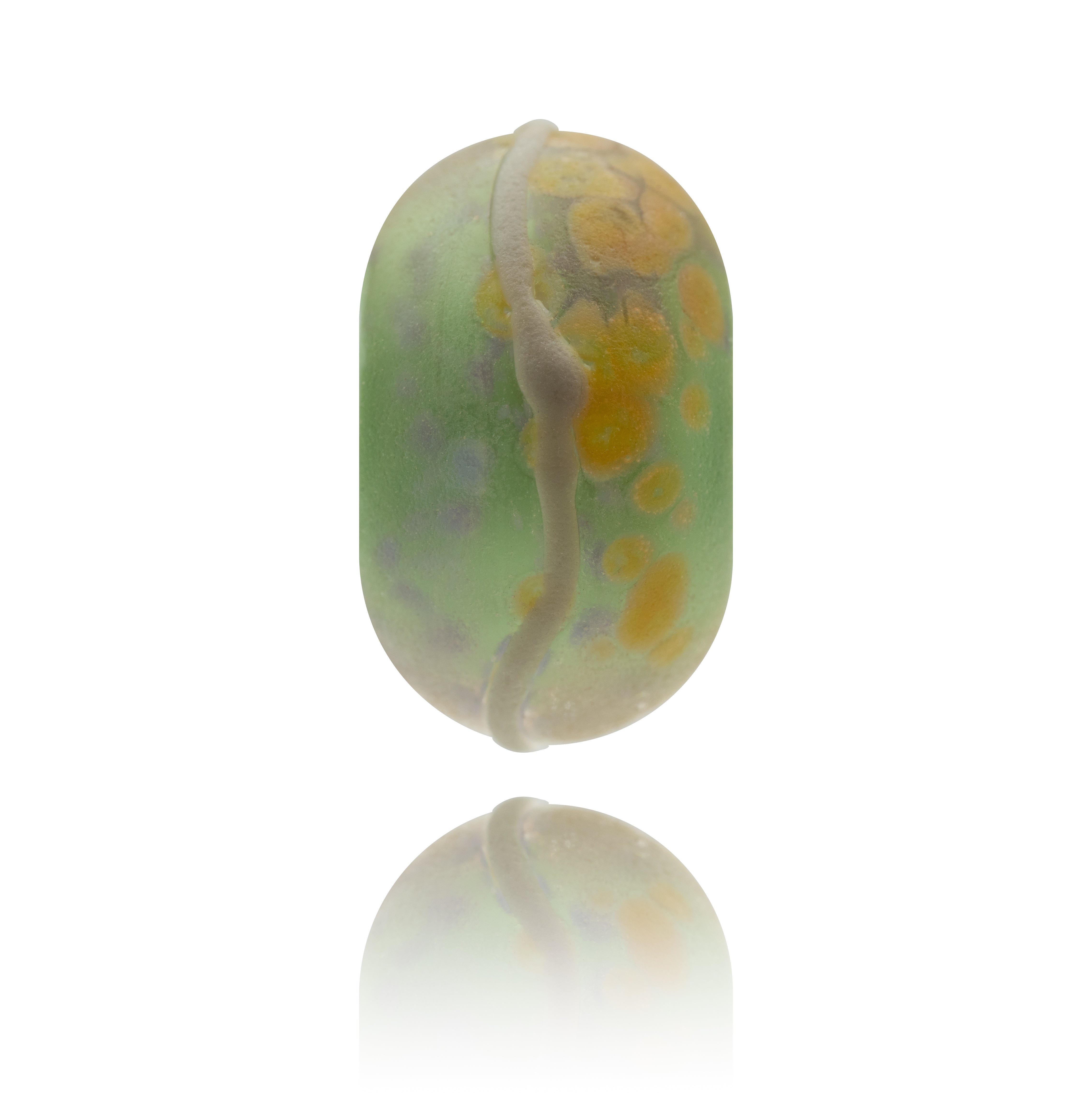 Frosted glass bead in shades of green, beige and grey.