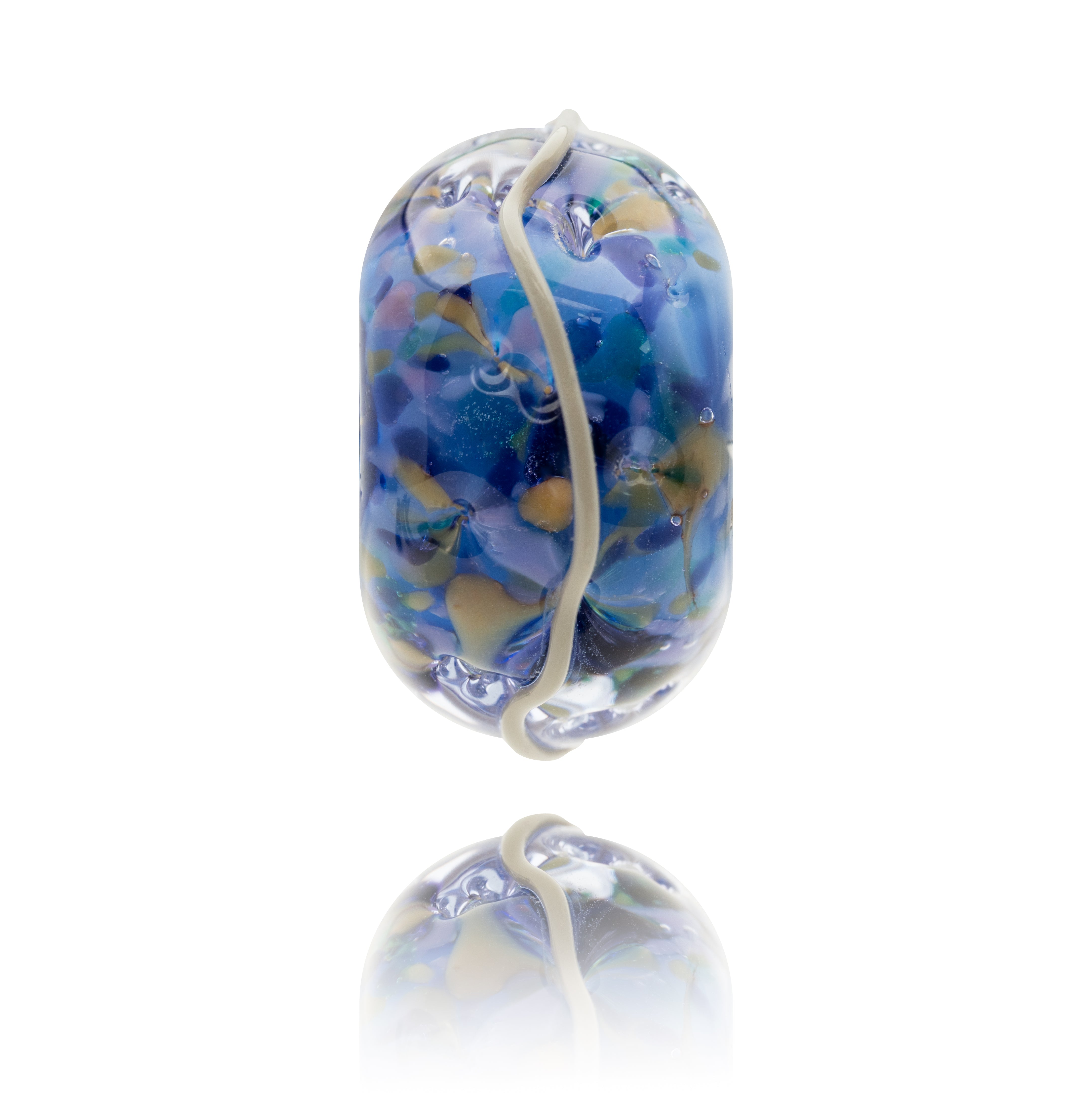 Blue, purple and brown spotted glass bead with grey stripe around the outside.