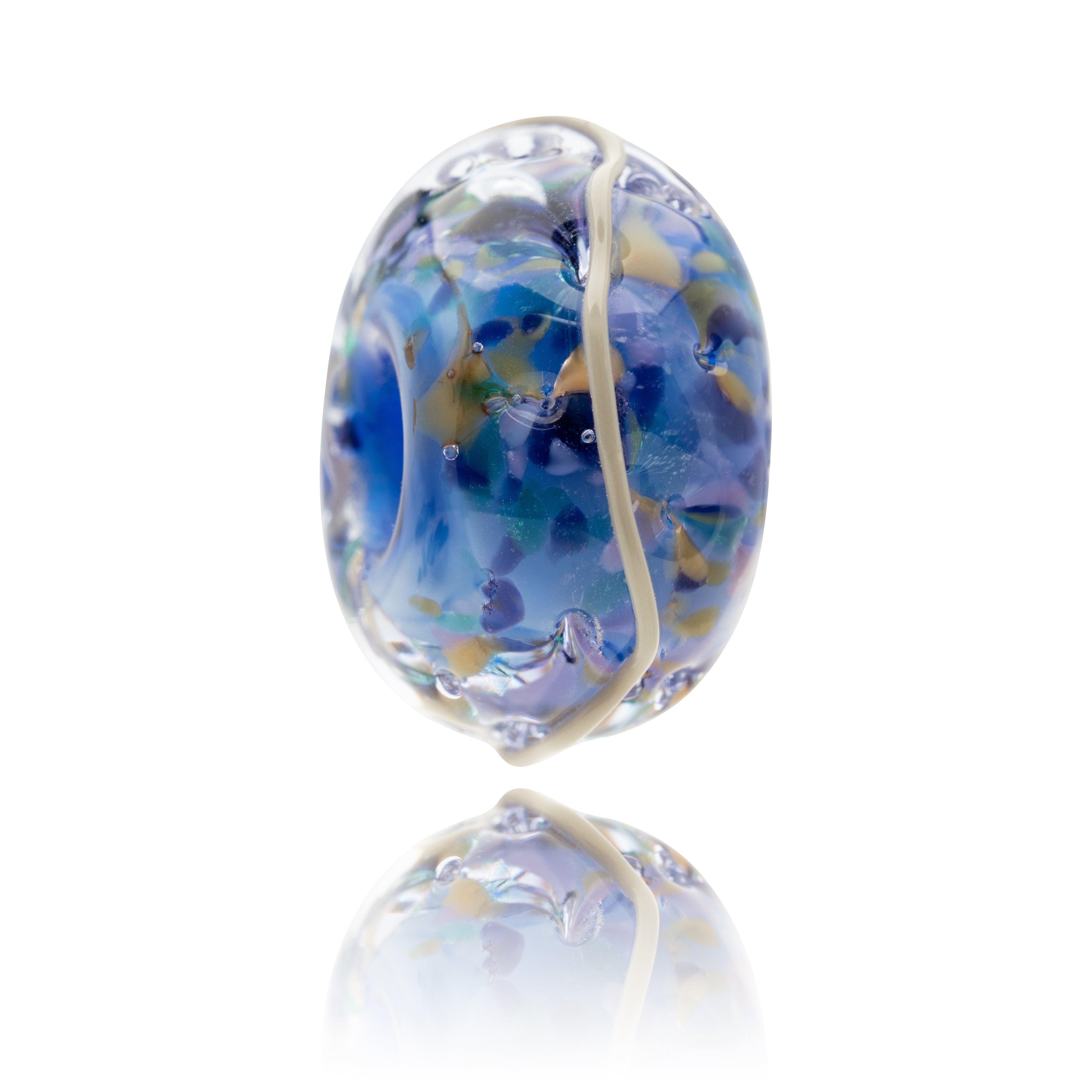 Blue, purple and brown spotted glass bead.