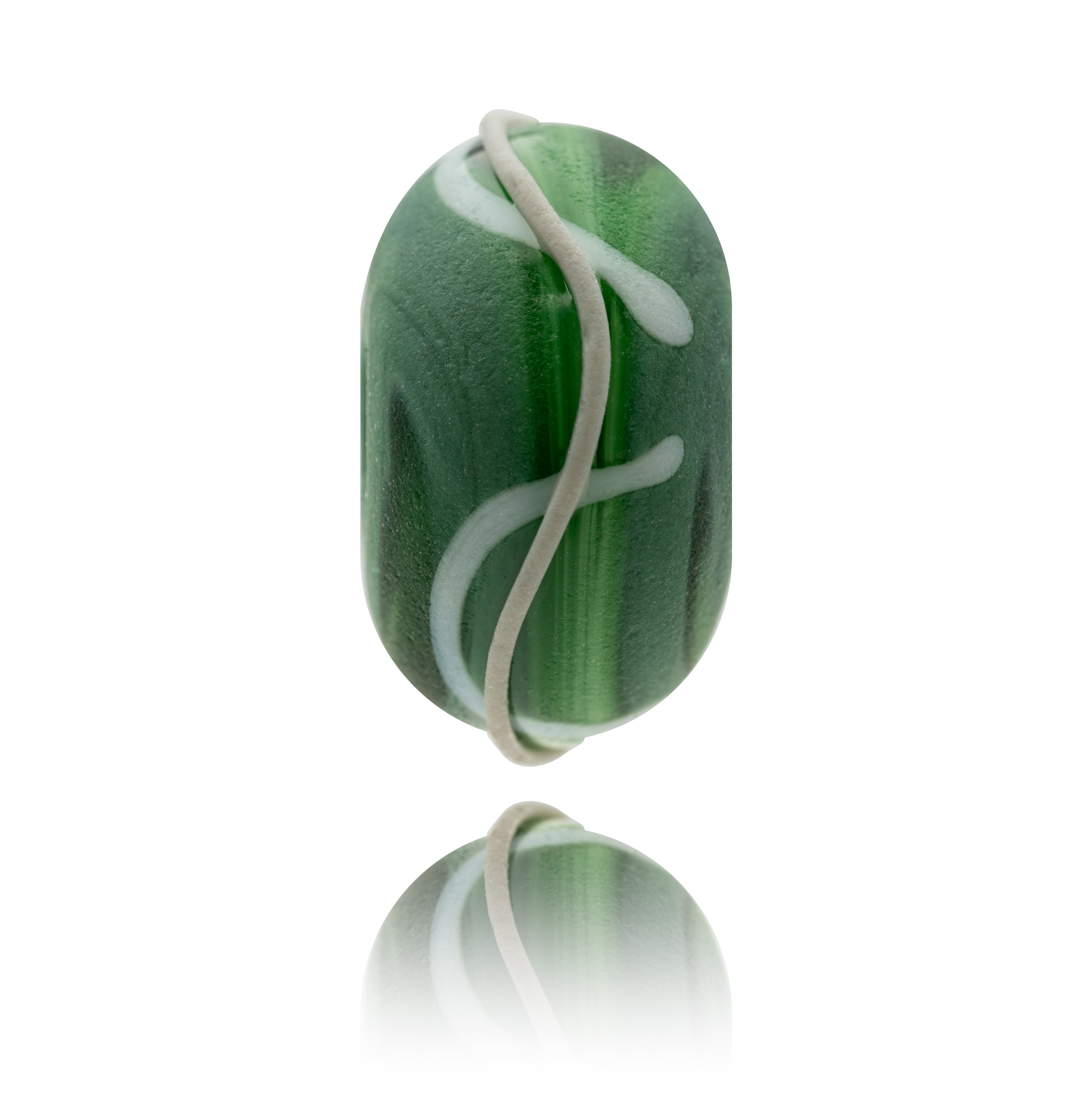 Swirling green glass bead decorated with white stripes and grey path.