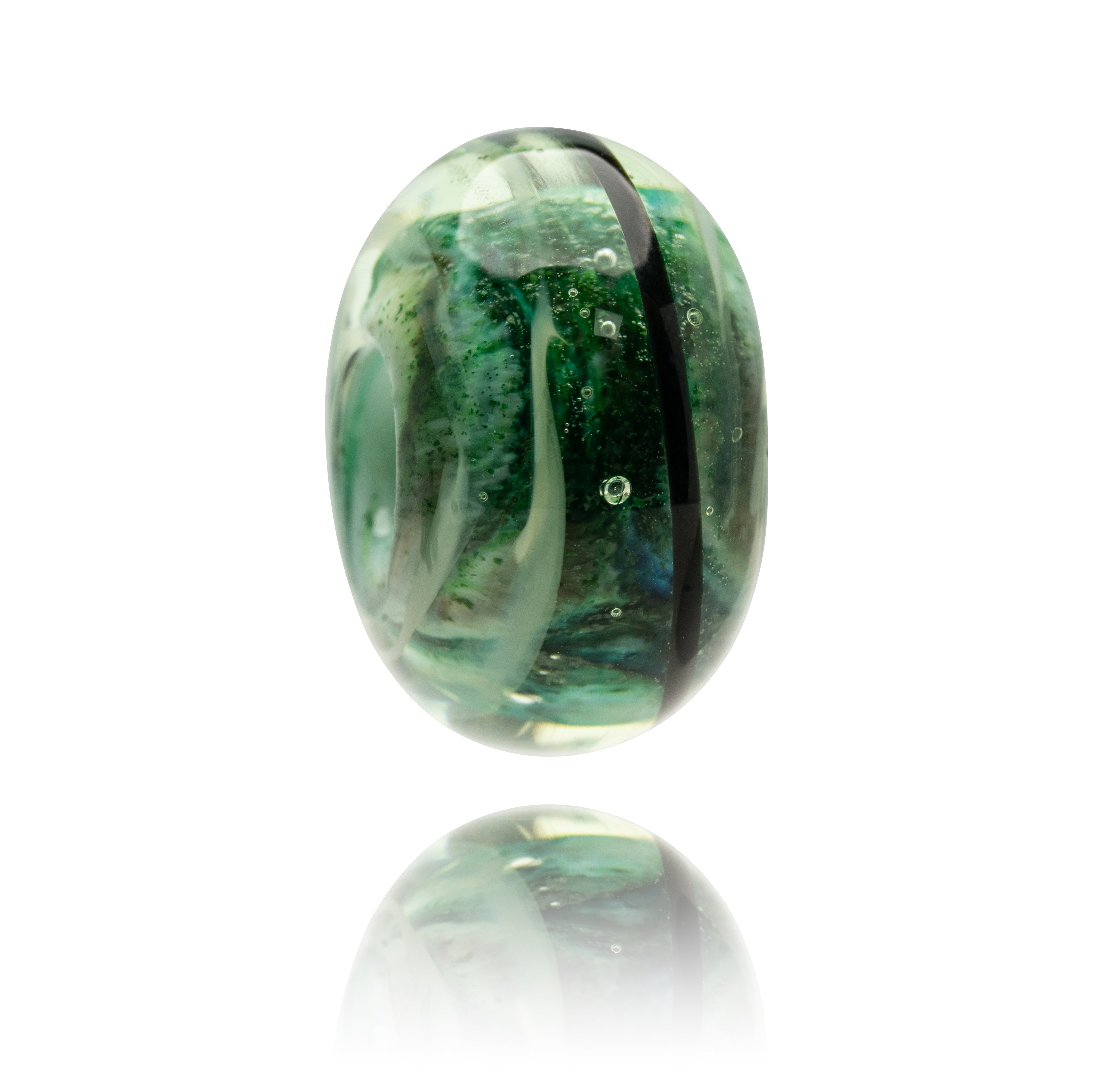 Swirling green glass bead with black stripe on surface.