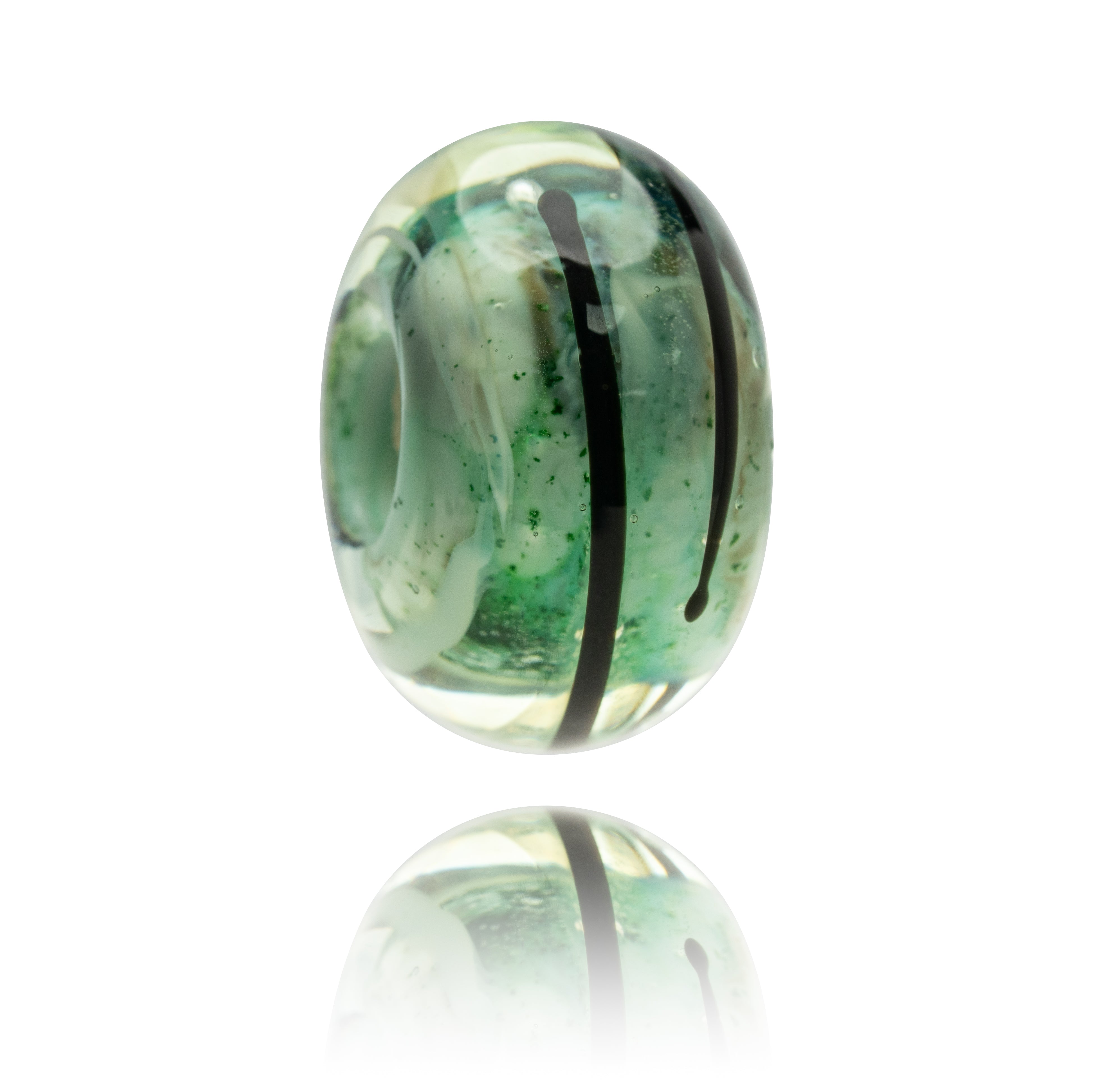 Swirling green glass bead with black stripe on surface.