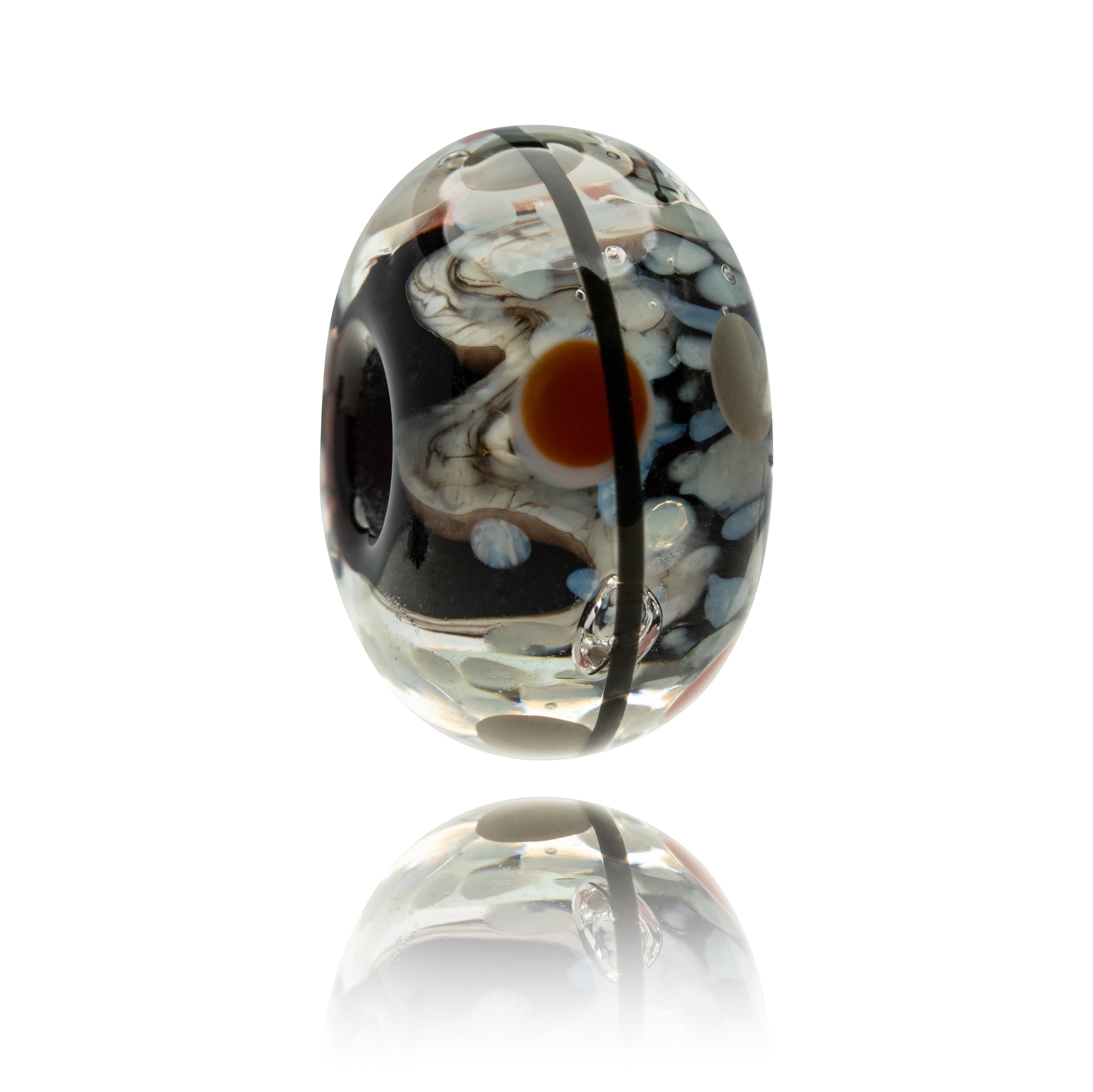 Black mottled glass bead with grey and red dots on the surface.