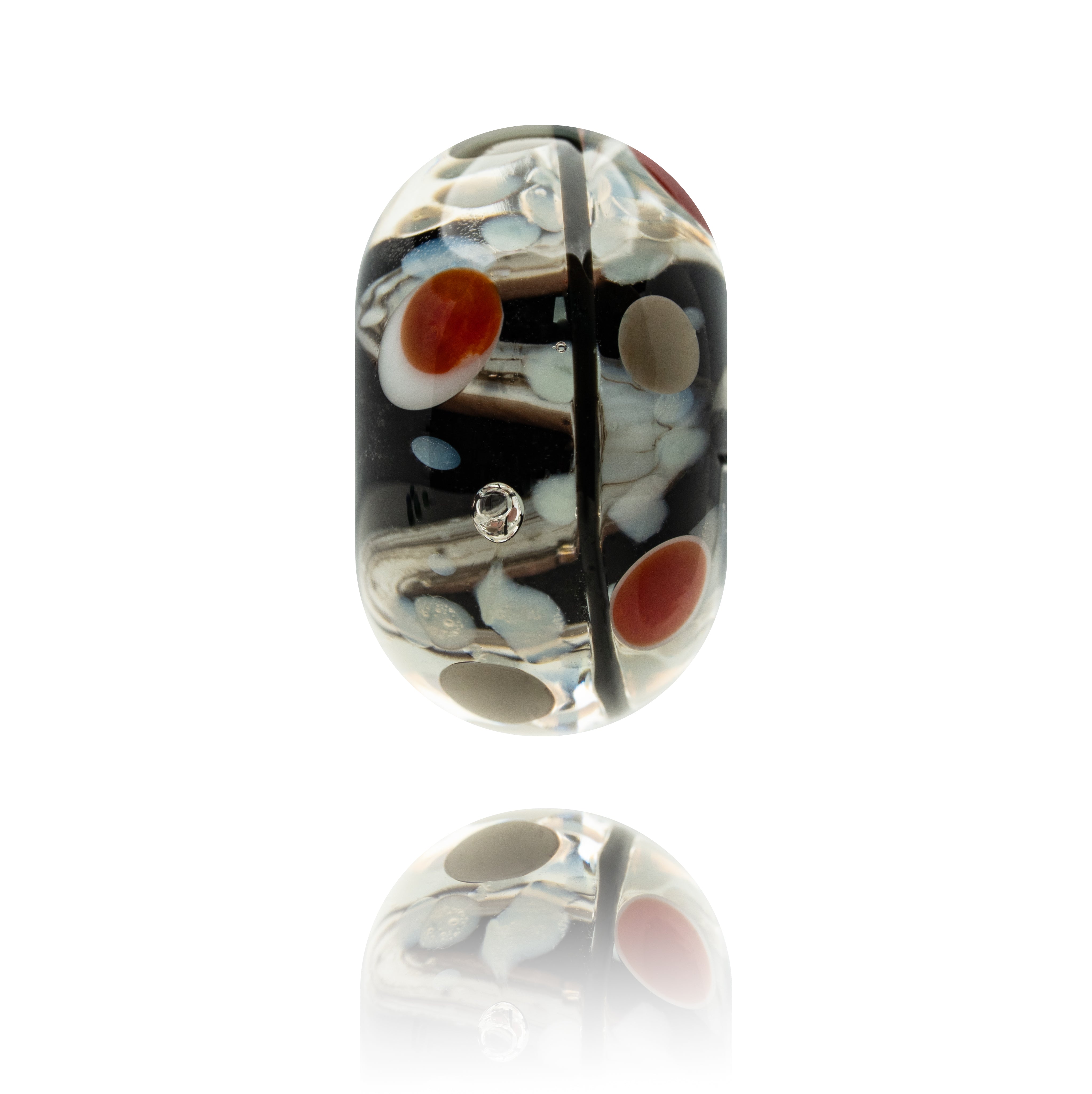 Black mottled glass bead with grey and red dots on the surface.