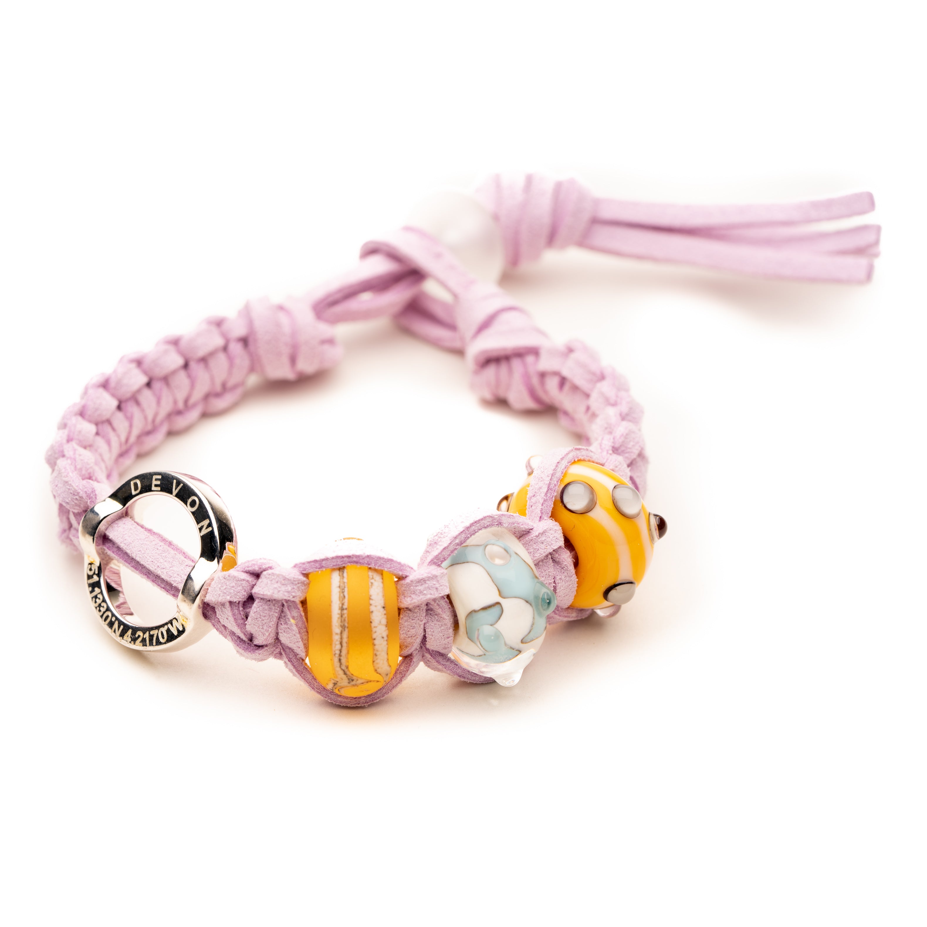Thistle cord bracelet with Westward Ho, Saunton sands and Crow Point inspired glass beads.