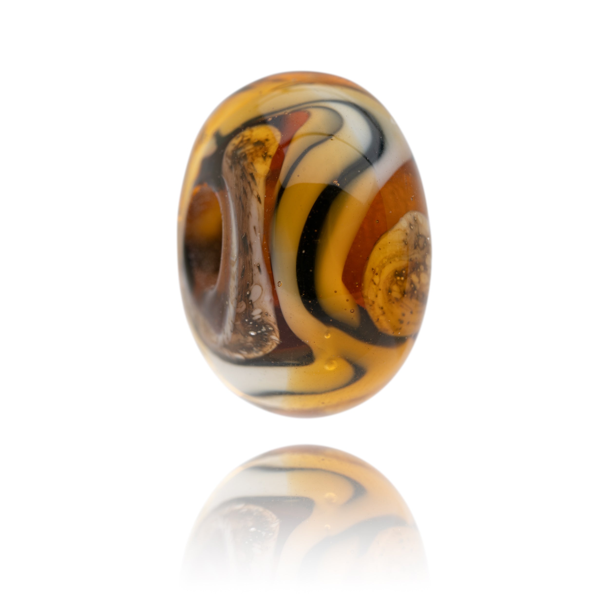 A brown, black and white striped bead representing a Tiger being sold to raise funds for the World Wildlife Foundation.