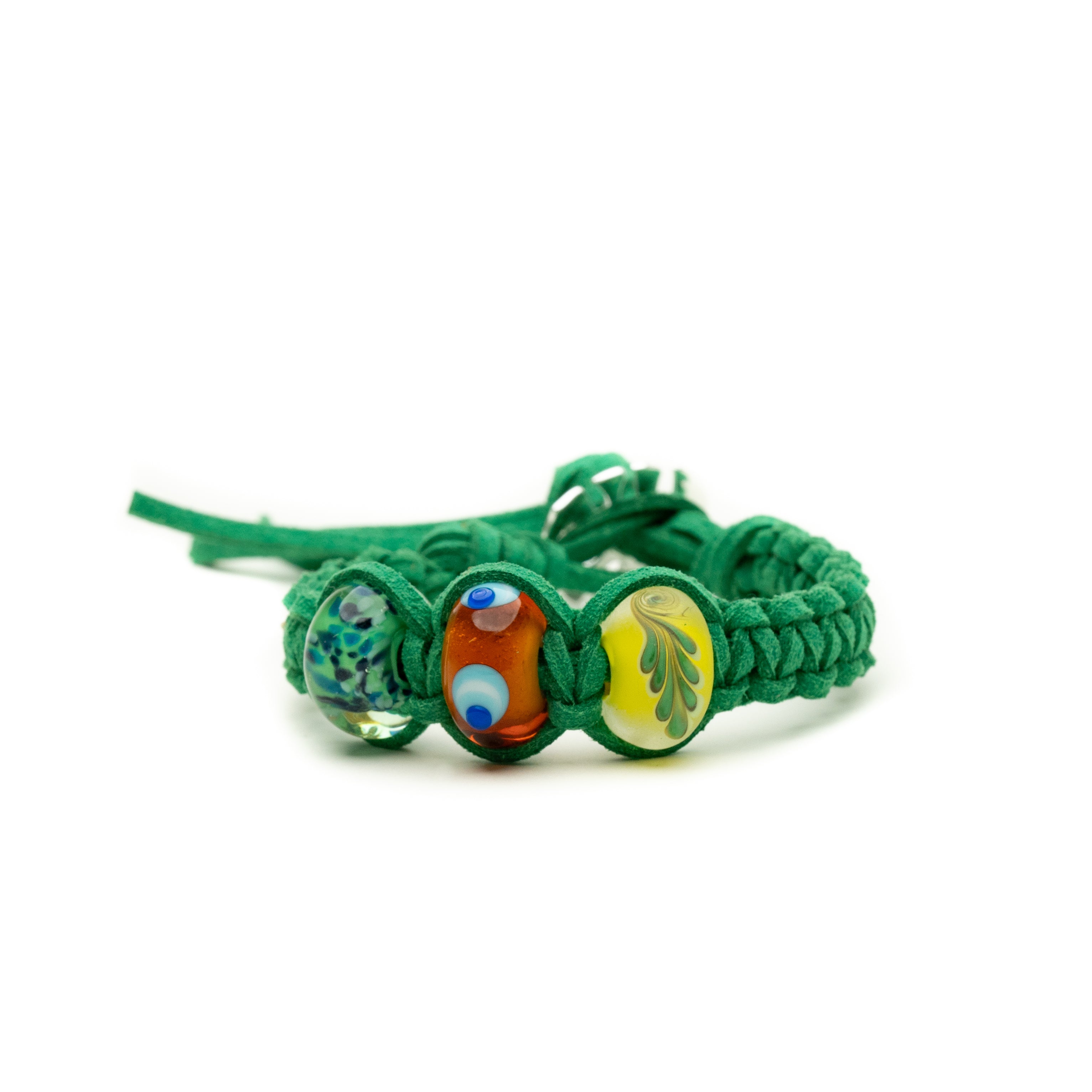 Colourful beads for tropical places on green cord bracelet.