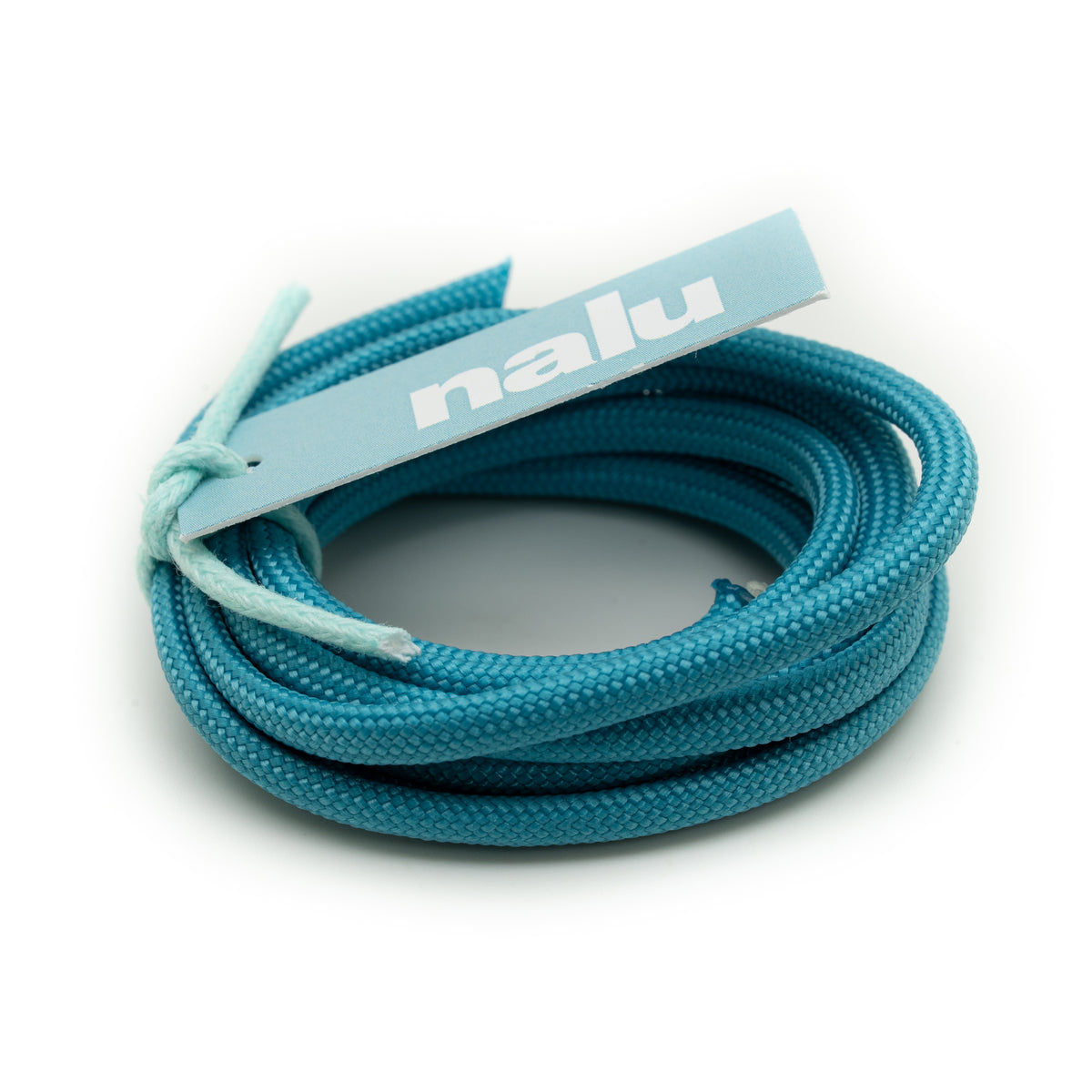 A coiled bundle of teal blue braided cord with a matching paper tag printed with the brand name 'nalu' in white, set against a plain white background.