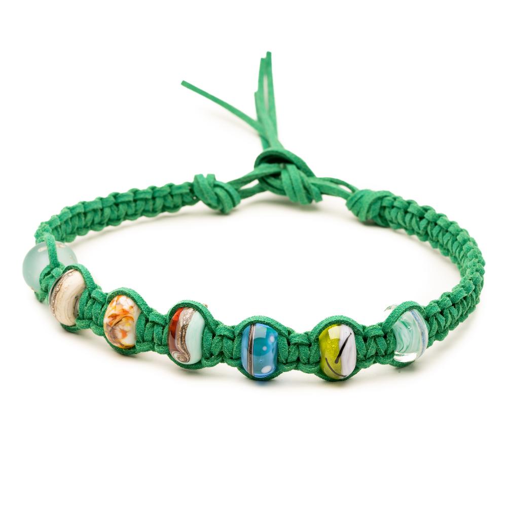 Sea green cord choker sale necklace with colourful Murano glass beads.