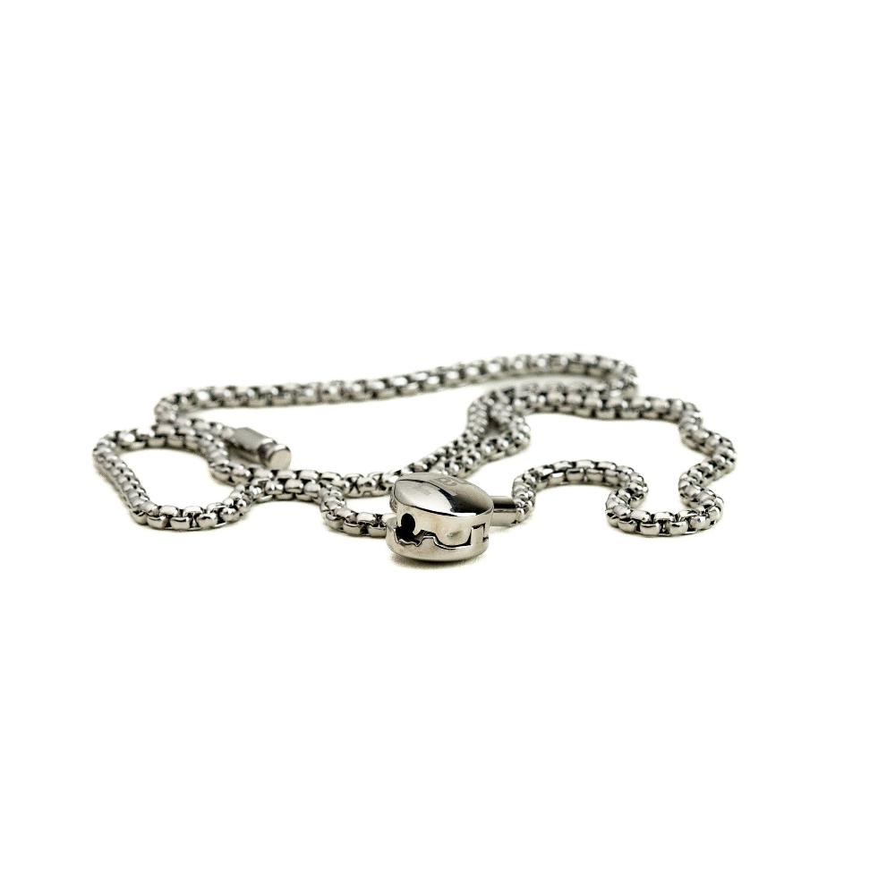 Silver steel chain necklace with oyster claps engraved with Nalu swirl.