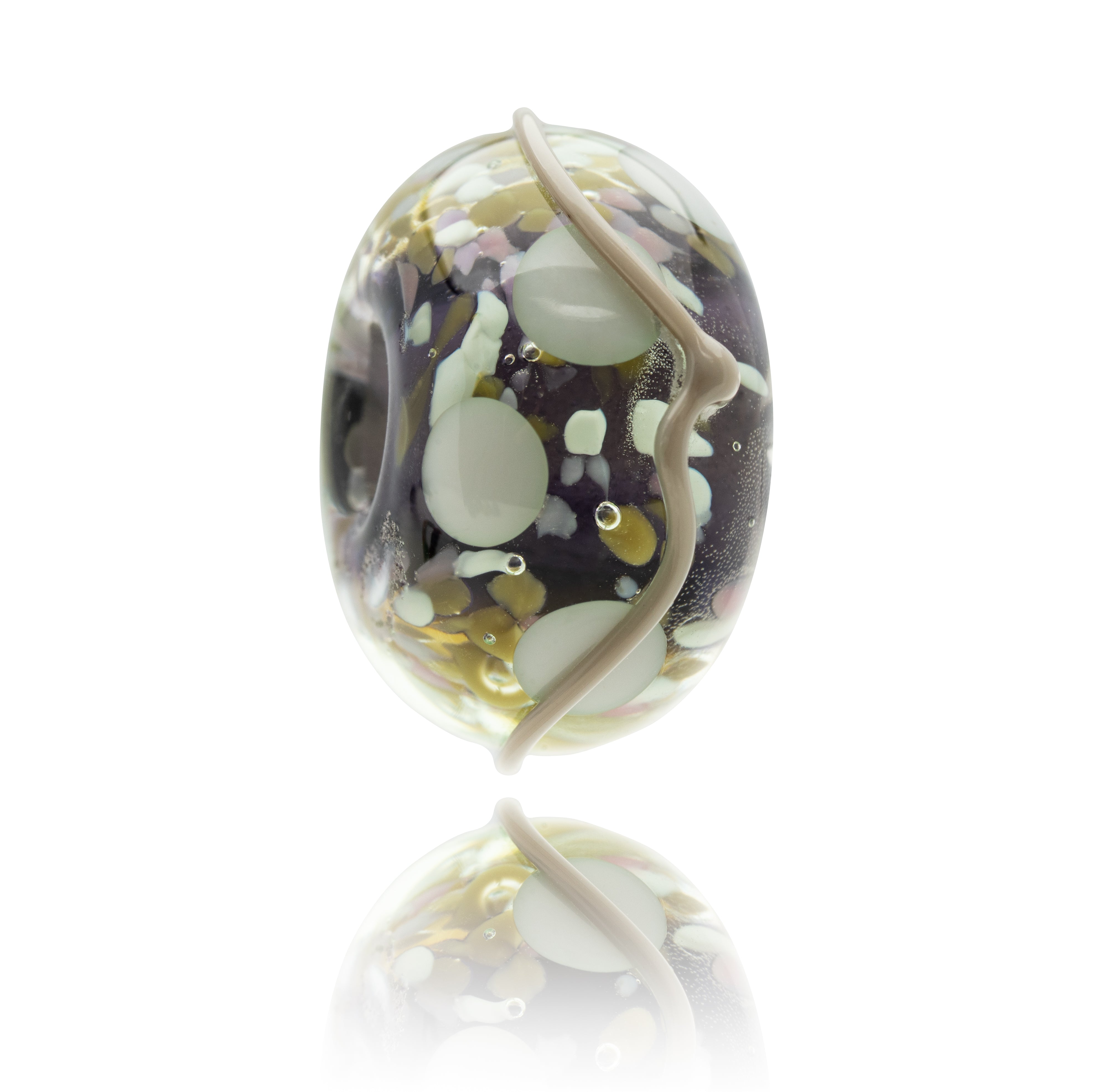 Dark purple glass bead decorated with white, green and grey dots and a grey stripe.
