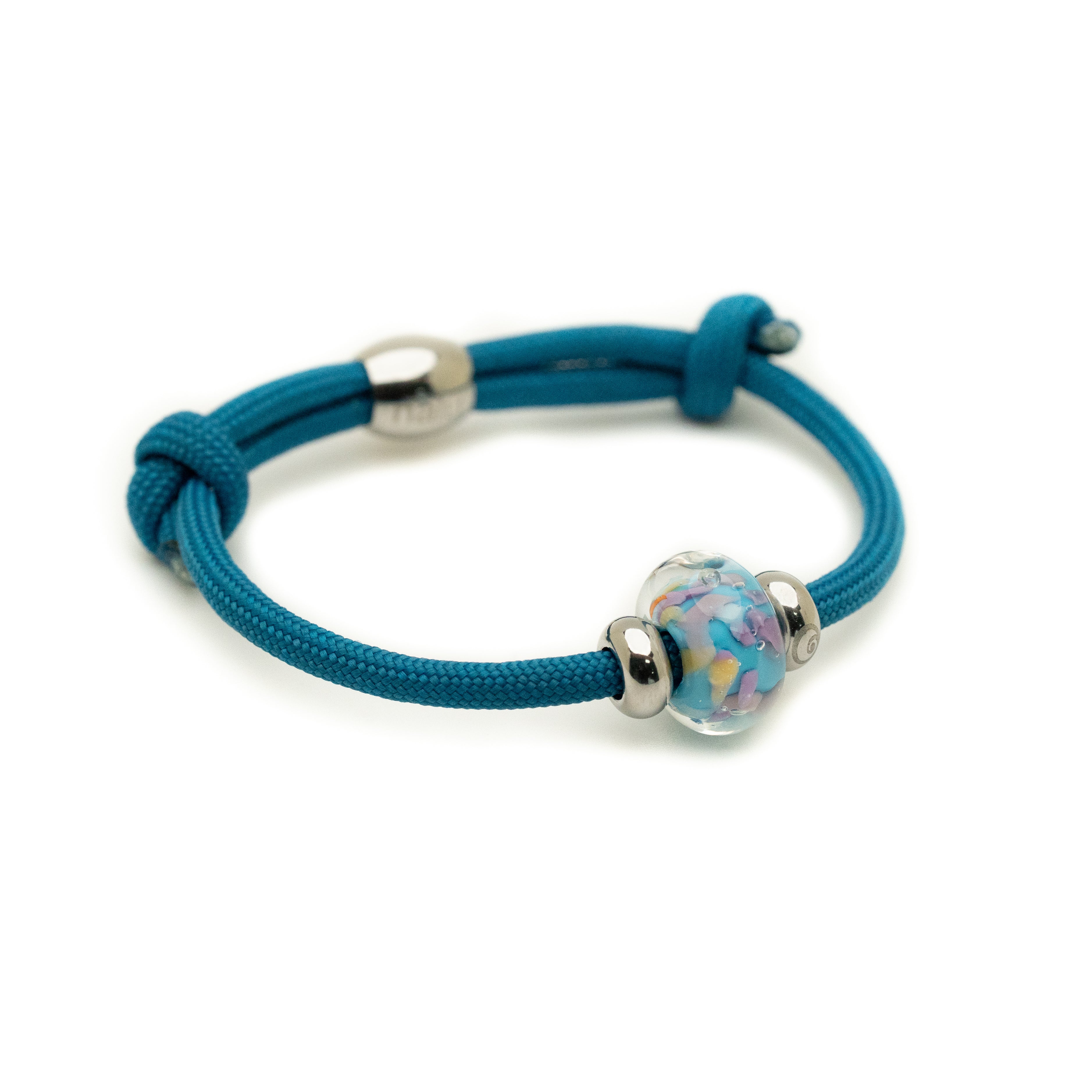 Green, brown glass beads on brown cord bracelet.