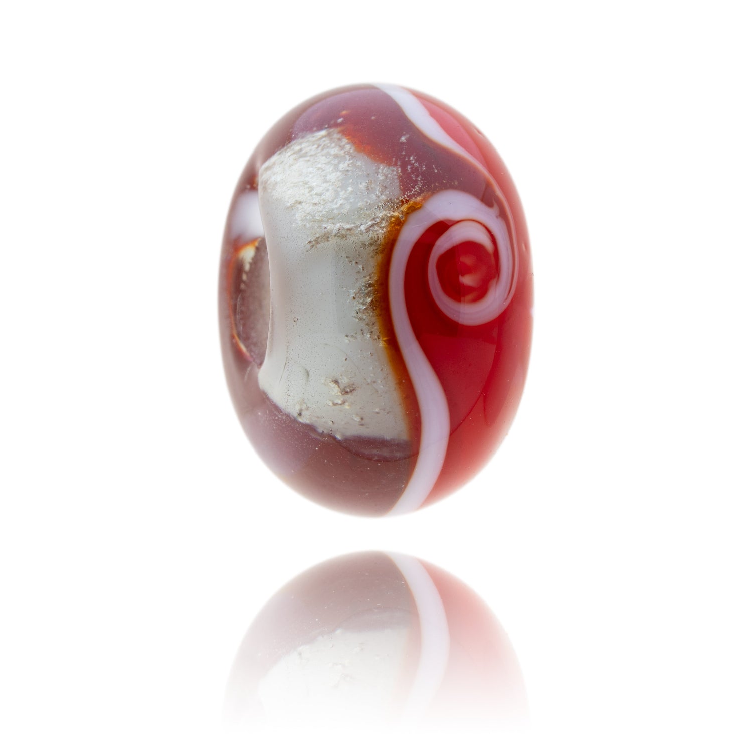 Bright red and clear glass bead with a swirl of white around the middle representing the county of Yorkshire.