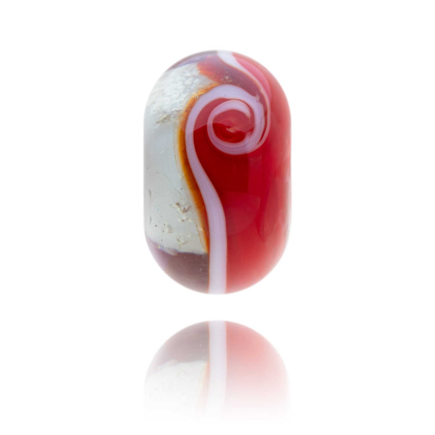 Bright red and clear glass bead with a swirl of white around the middle representing the county of Yorkshire.