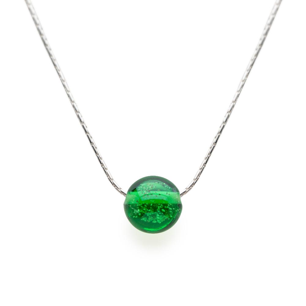 Bright green sand pebble on a sterling silver chain necklace.