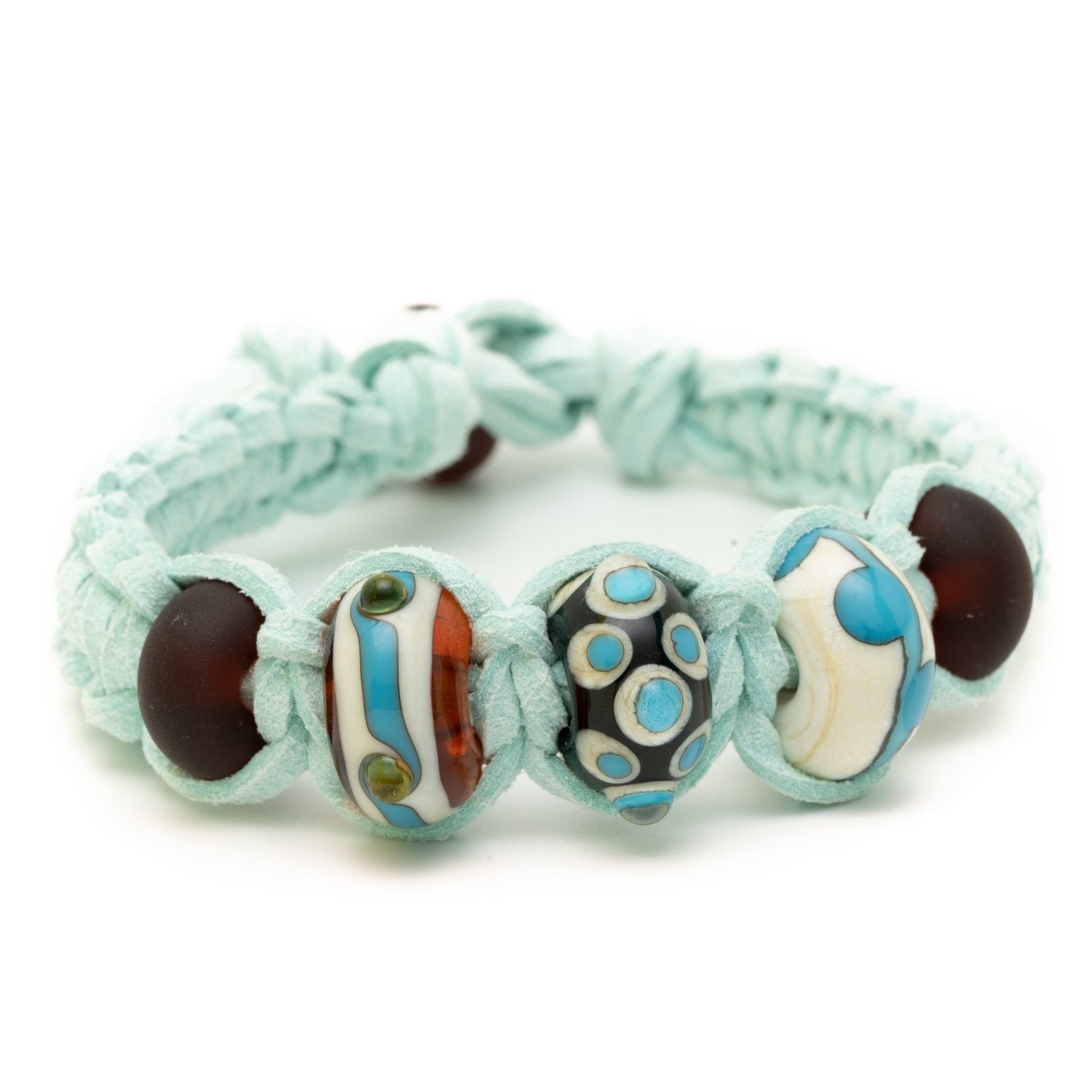 Mint cord bracelet with glass beads in shades of brown and blue, representing Cornish Beaches.