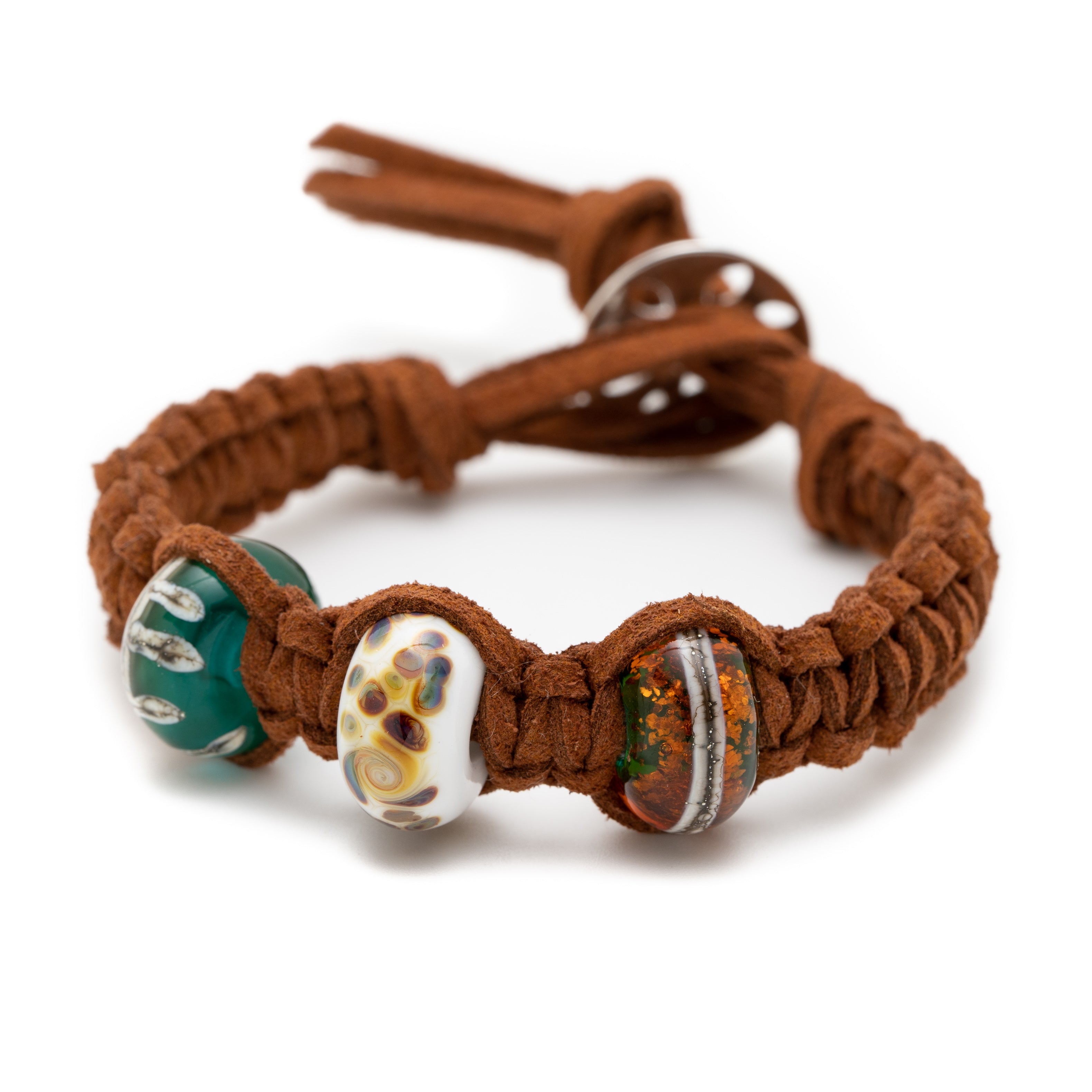 Brown cord bracelet with white, green and brown beads for Norfolk.