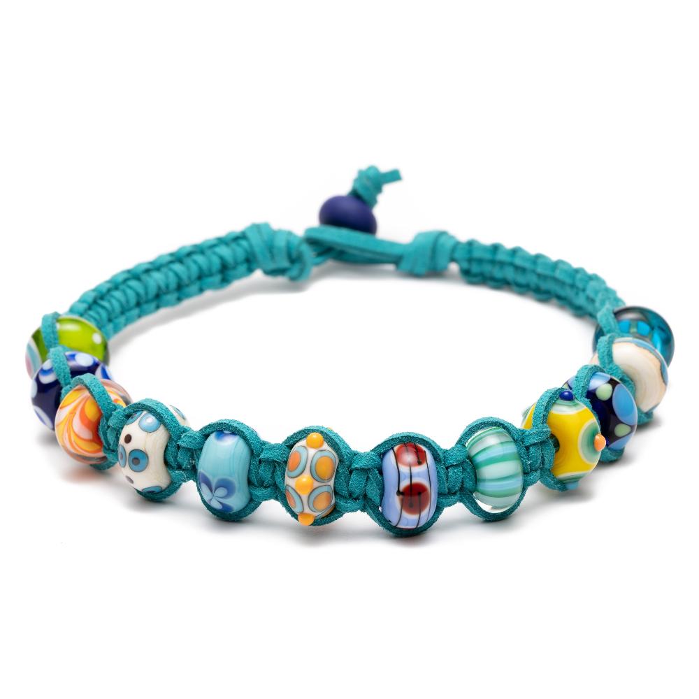 Teal macrame choker necklace made with colourful Murano glass beads representing various surf spots around the world.