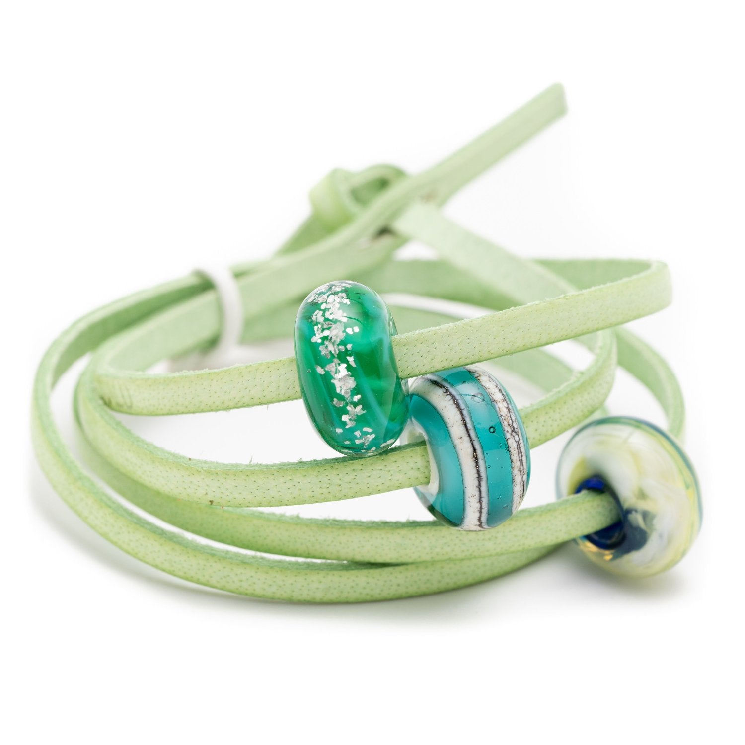 Mint leather wrap with three glass Dorset inspired beads.