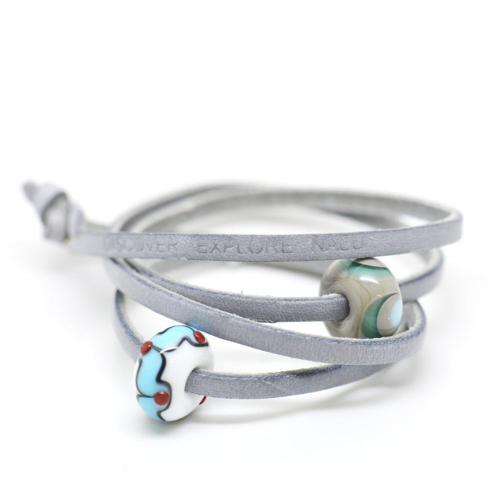 Grey leather wrap with Welsh glass beads.