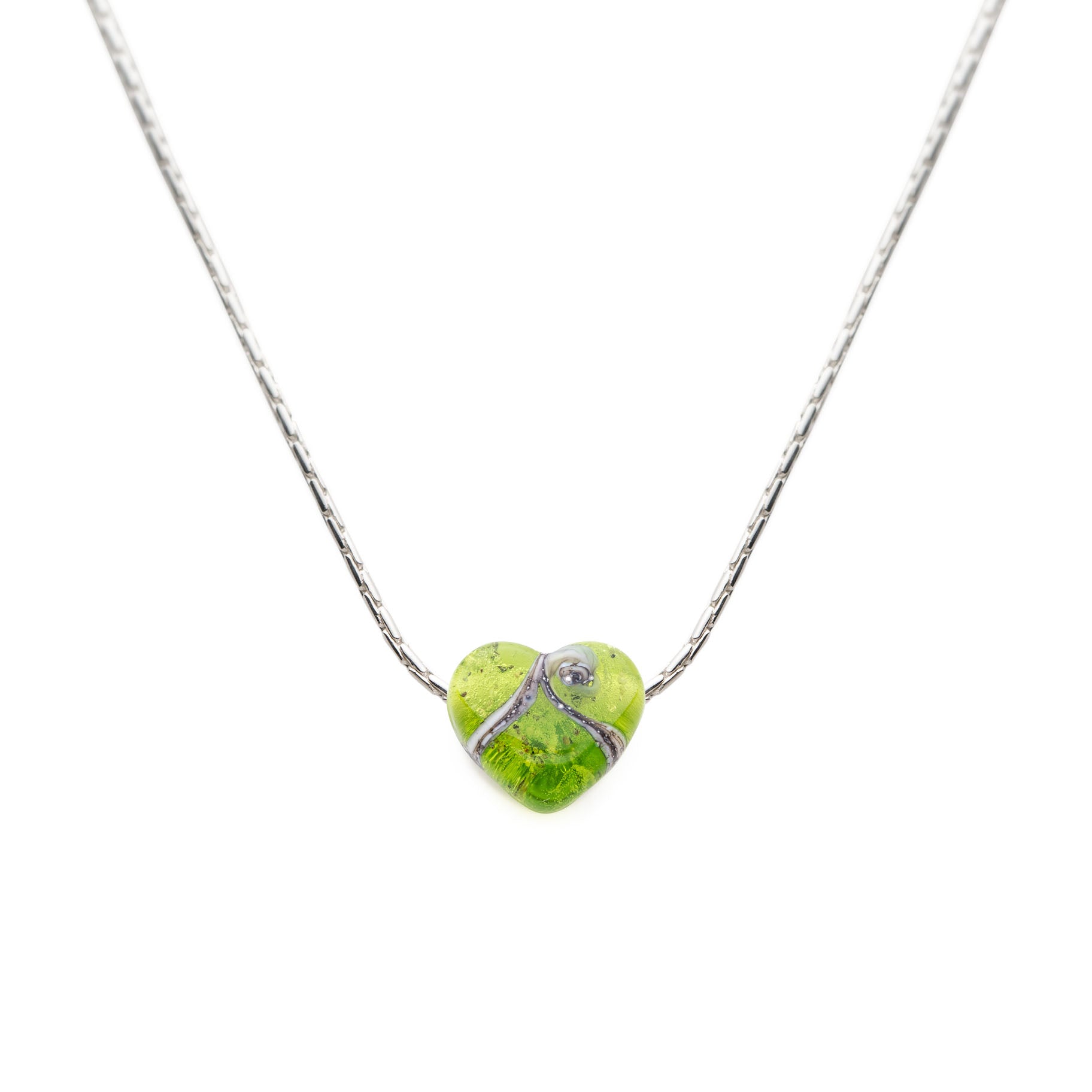 Green glass heart bead on silver chain necklace.