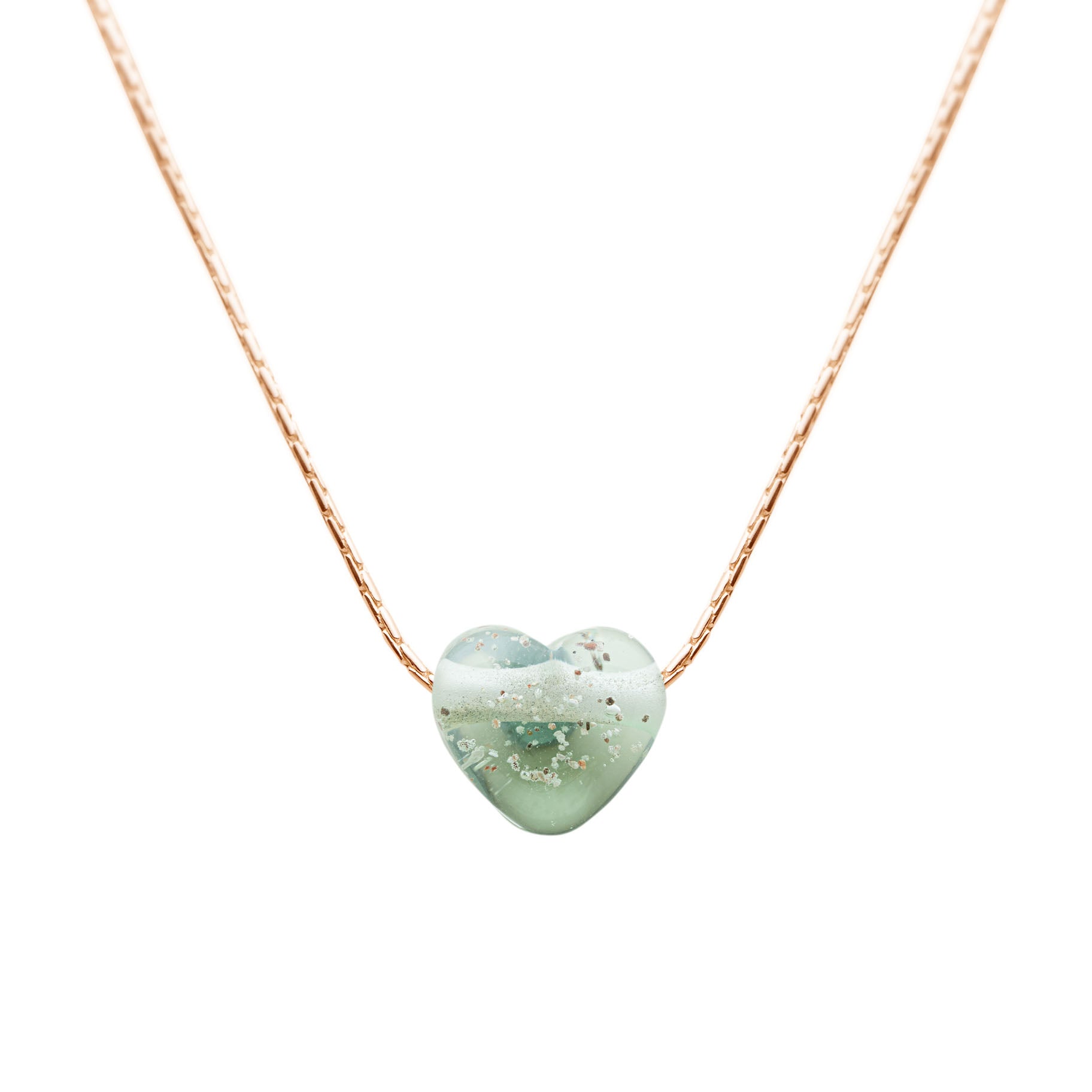 Sea Glass green heart pendant on gold chain necklace.
