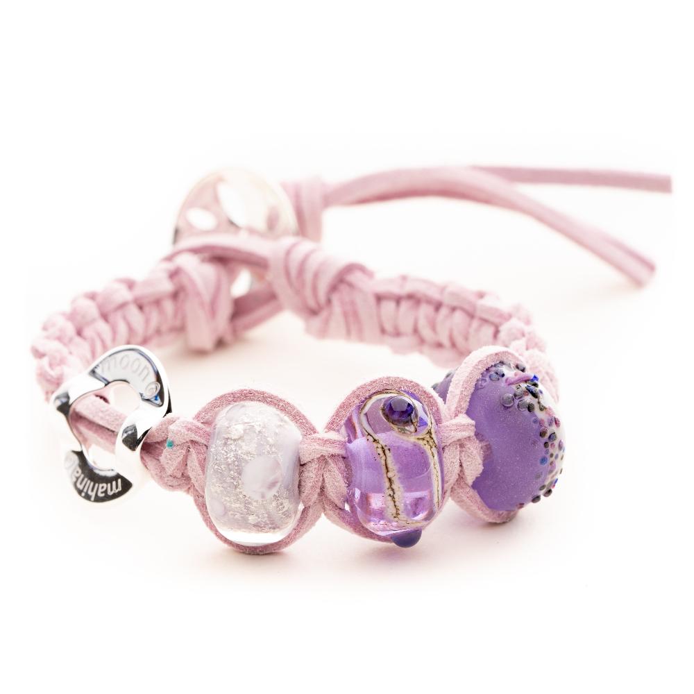 Thistle colour cord bracelet with purple glass beads for Scottish Island and silver moon charm.