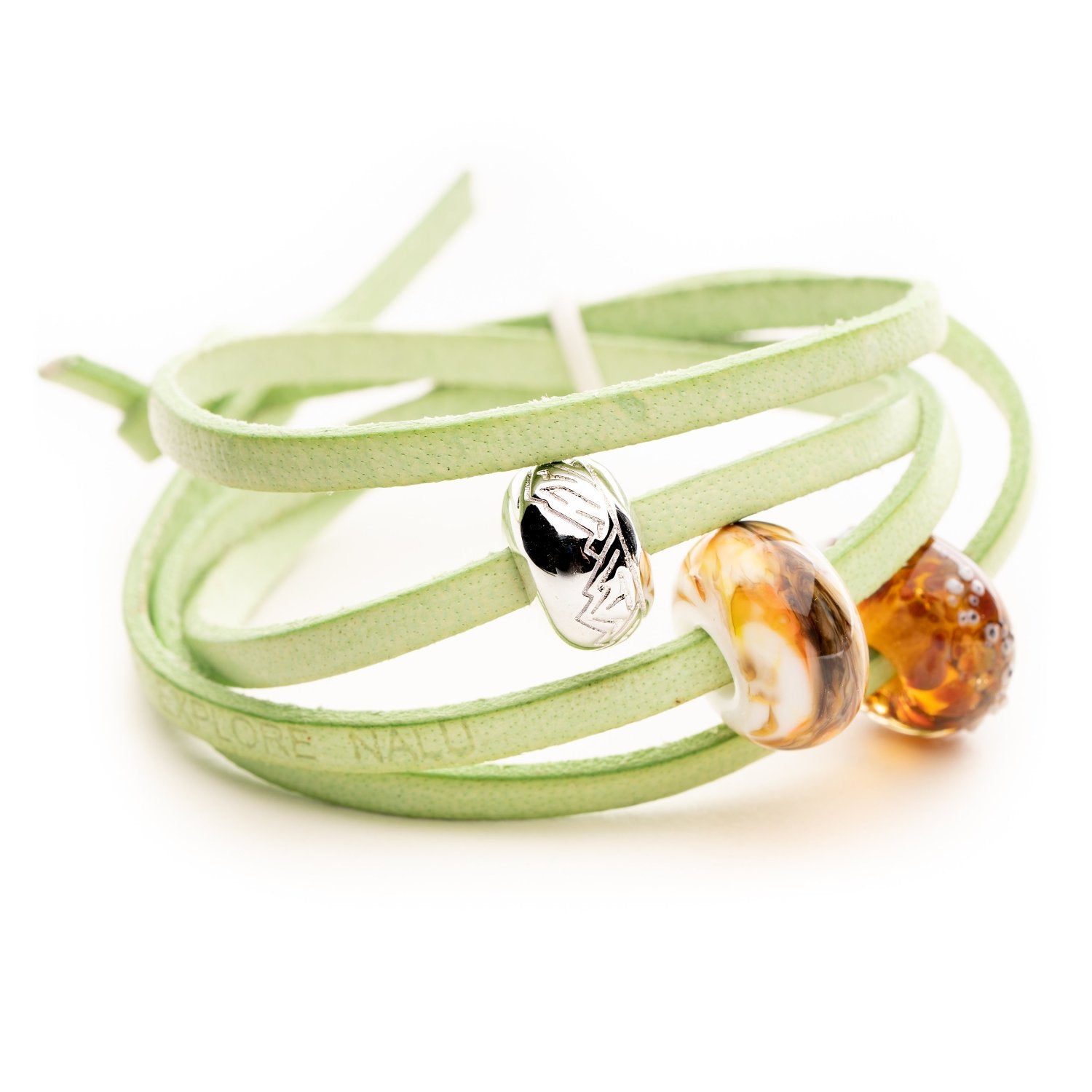 Mint leather wrap bracelet with brown, orange and white glass and a silver bead.