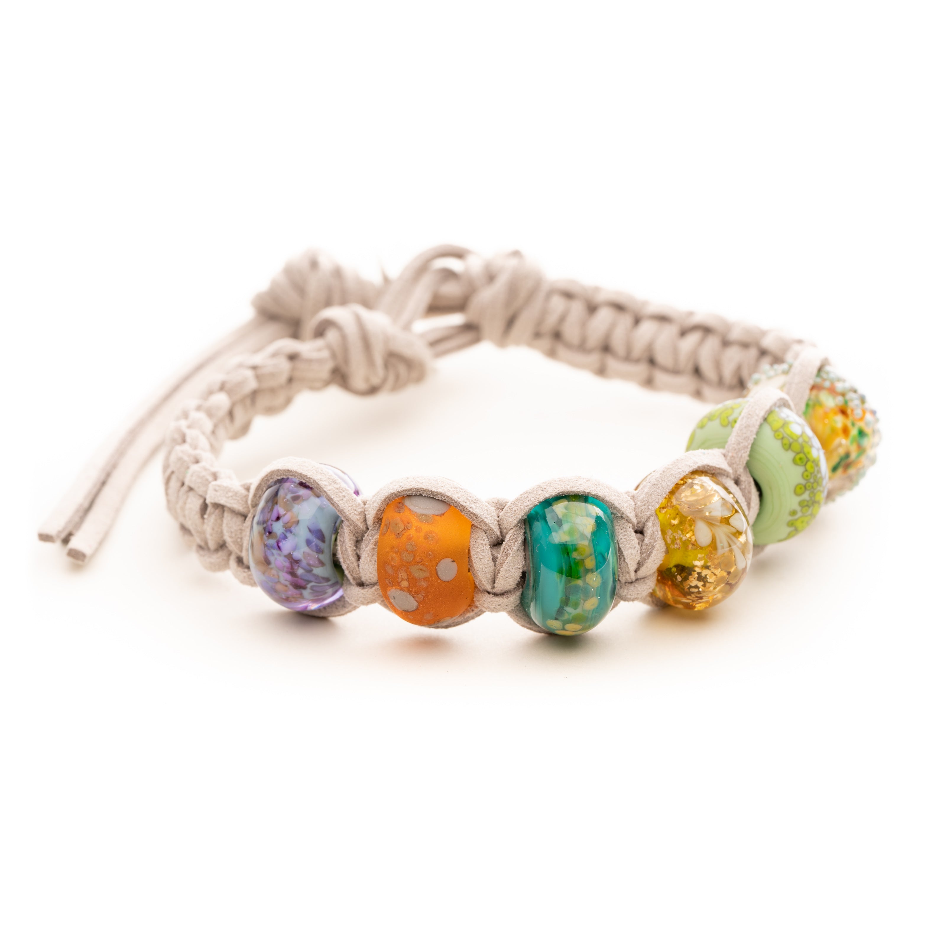 Grey cord custom bracelet with coloured patterned glass beads for National Parks.