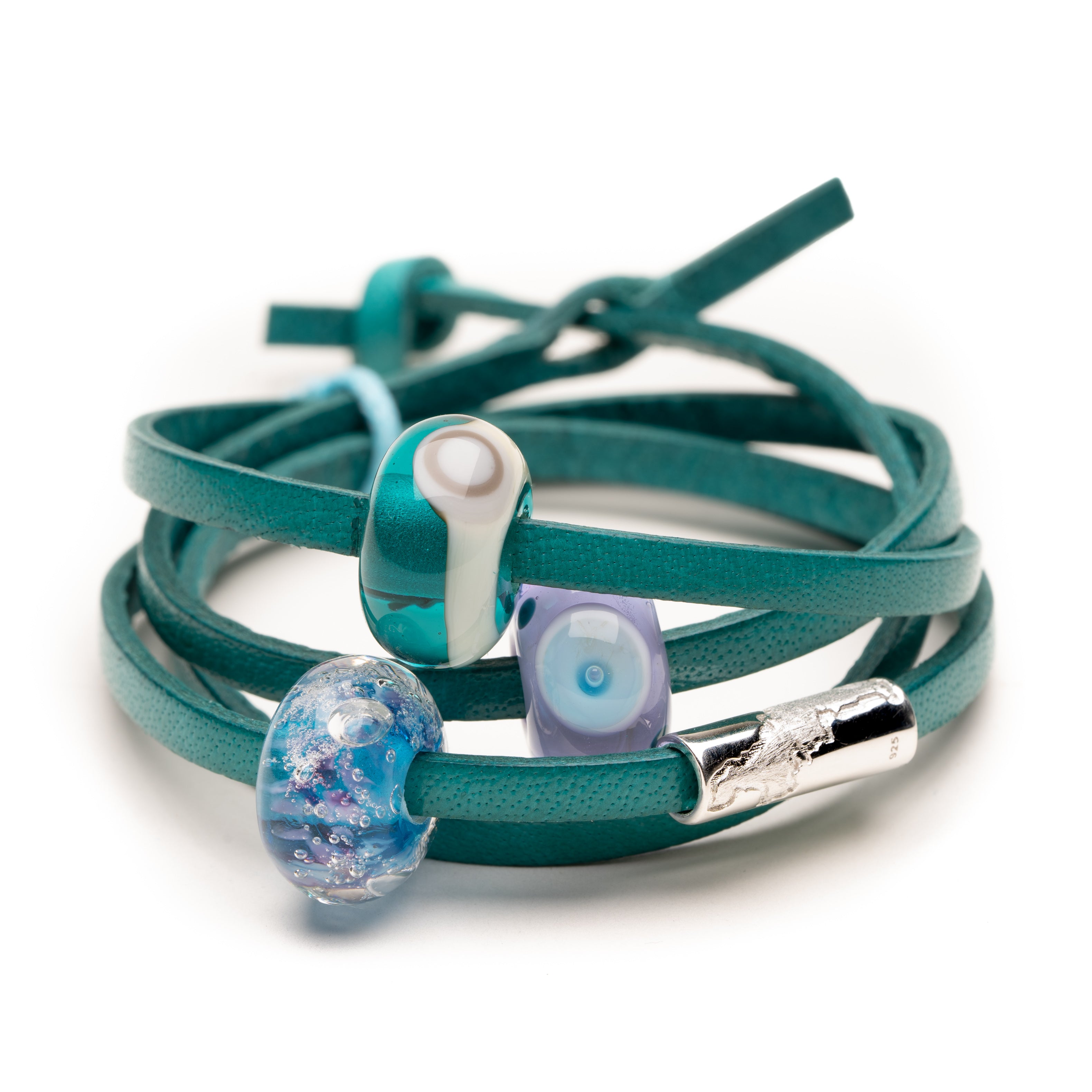 Teal leather bracelet with glass and silver beads for Cornwall.