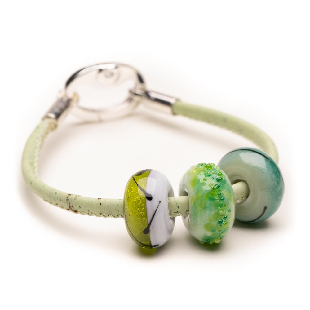 Green cork bracelet with green glass beads.