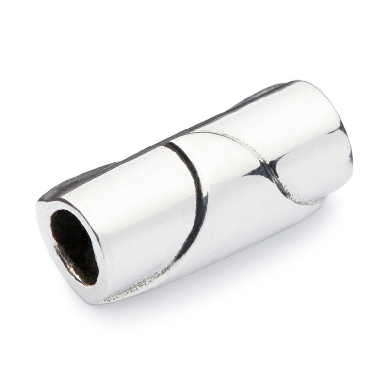 A polished silver cylindrical bead with a twisted spiral design, shown on a clean white background.