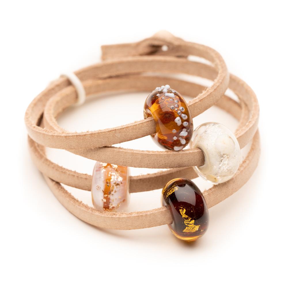 Sand leather wrap bracelet with amber and cream Scottish beach beads.