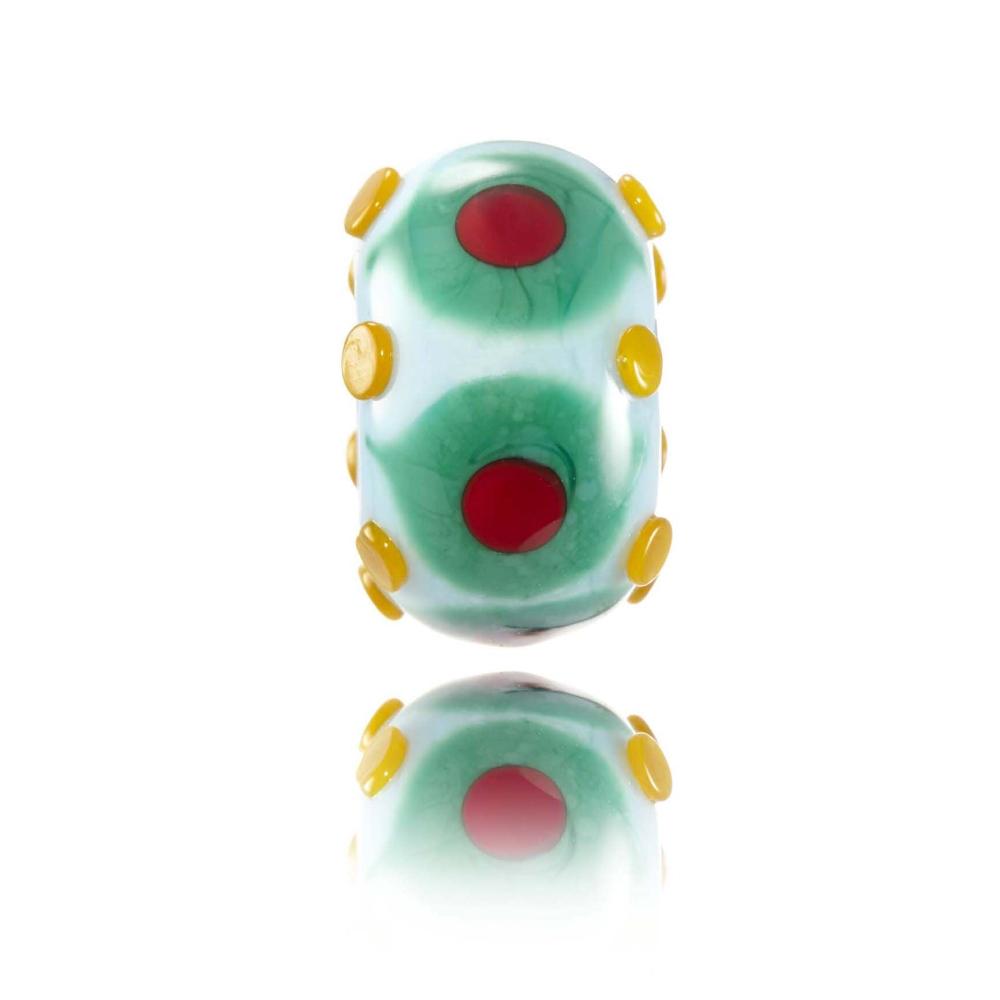 Mint glass bead with green yellow and red dot patterns over the surface. Designed for Essaouira in Morocco.