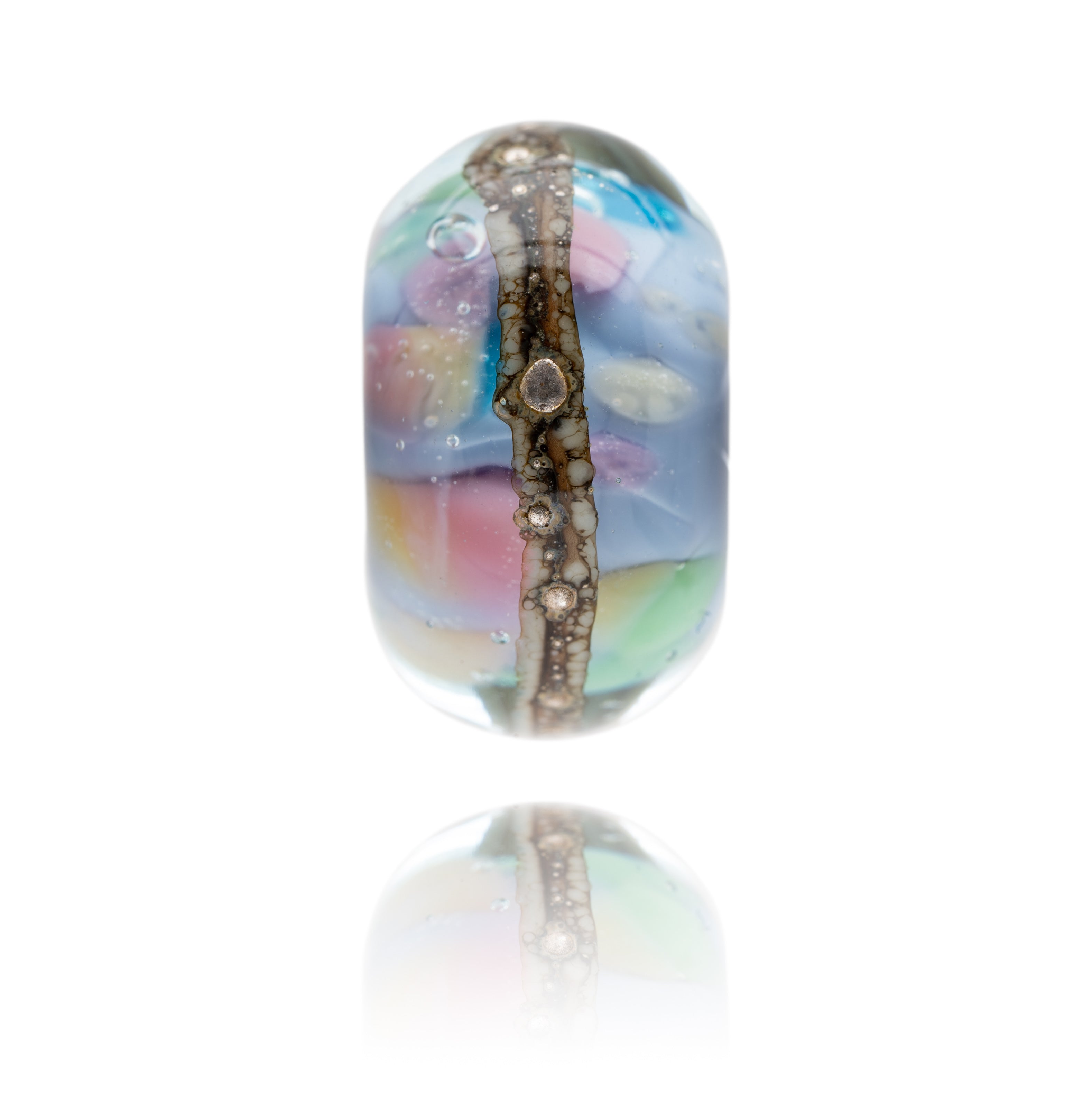 Multicolour glass bead with silver decoration inspired by Aldeburgh in Suffolk.