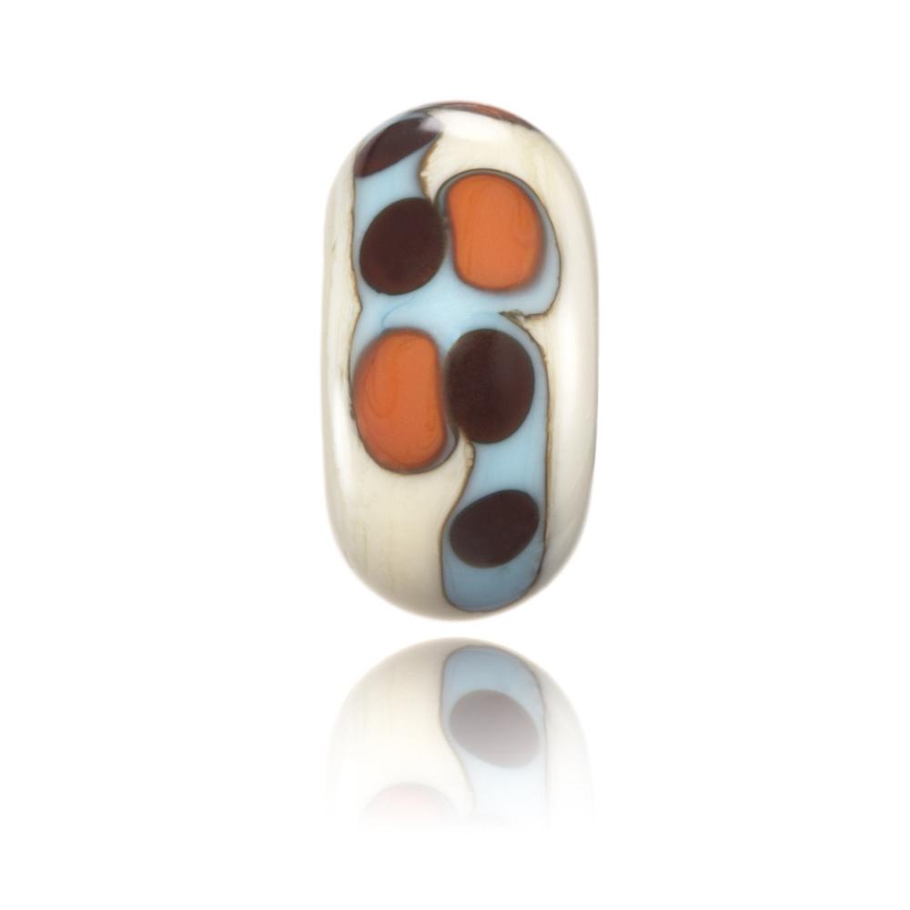 Cream, brown, blue and orange patterned glass bead for Kirra in Australia.