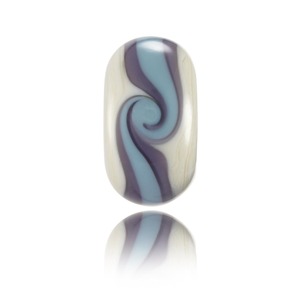 Cream glass bead with a purple and blue stripe around the middle with a twisted swirl, representing Lusty Glaze beach in Cornwall.