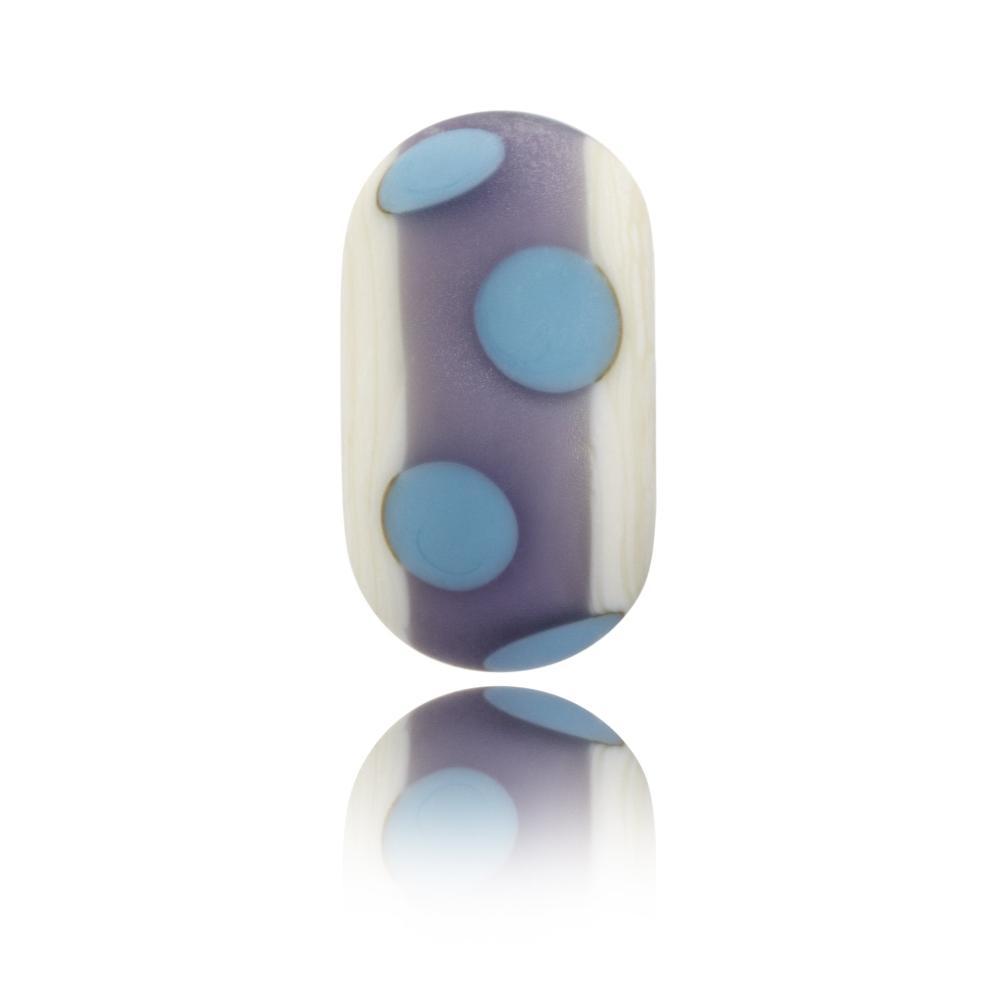 Cream glass bead with a purple stripe around the middle with turquoise dots, with a textured sea glass finish. Representing Mawgan Porth beach in Cornwall.