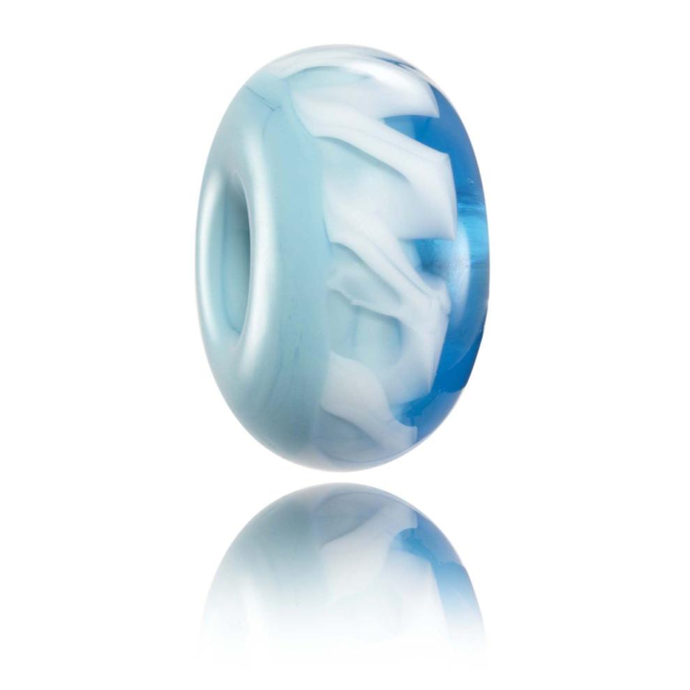 Pale and dark blue glass bead with a white zigzag stripe around the middle representing Margaret River surf spot in Australia.