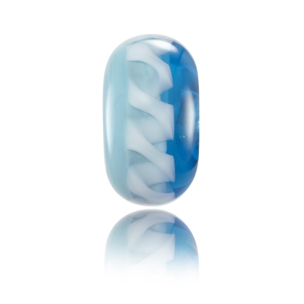 Pale and dark blue glass bead with a white zigzag stripe around the middle representing Margaret River surf spot in Australia.