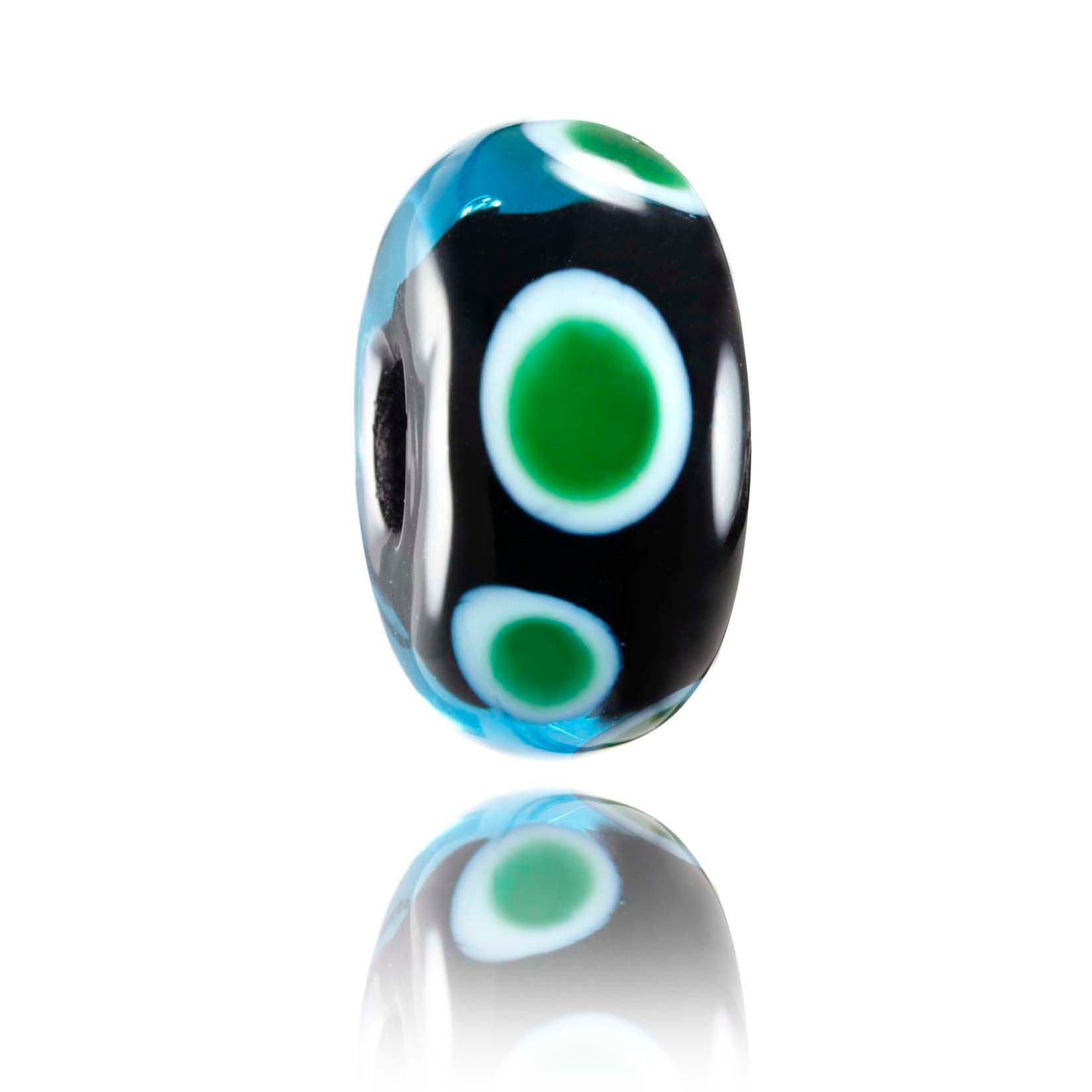 Black,. blue bead with green on white dots representing the Canary Islands.