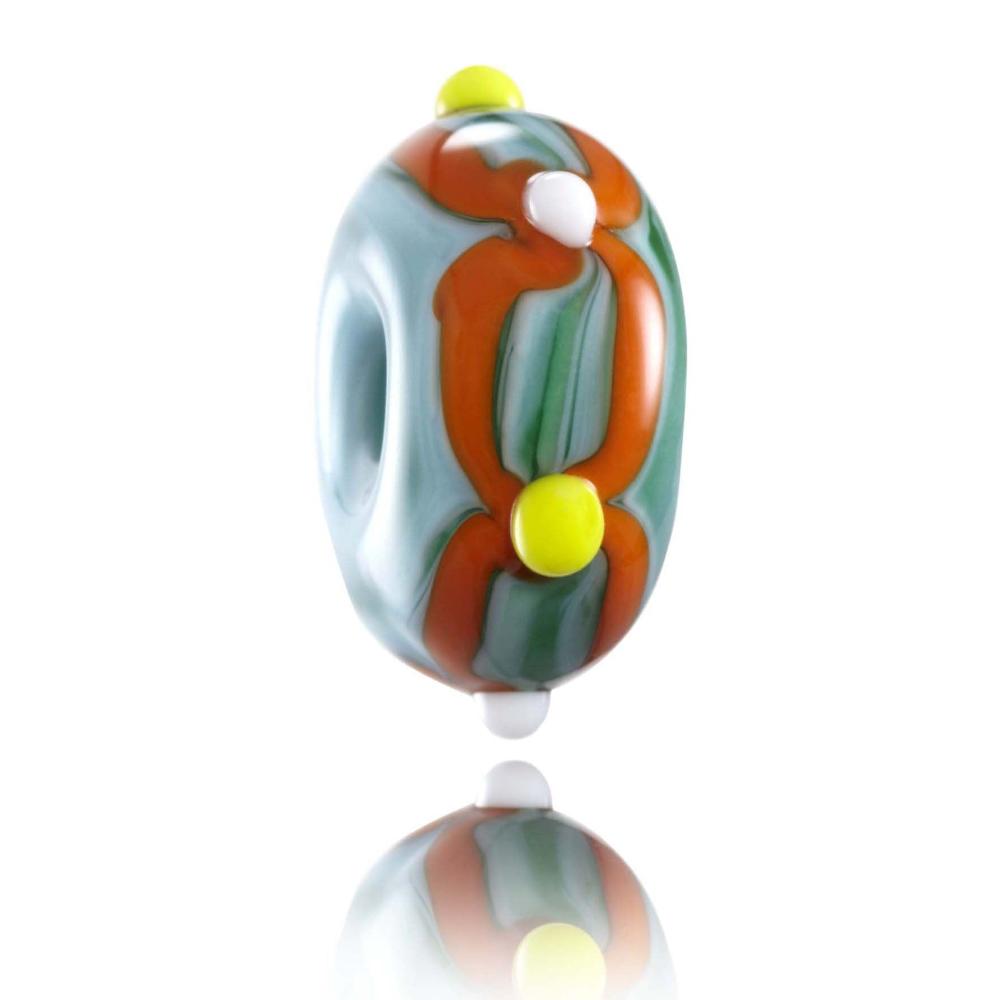 Green and orange glass bead with yellow and white dots around surface. Designed for Cromer in Norfolk.