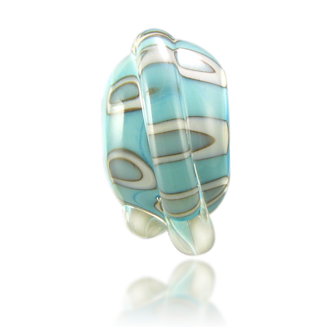 Blue bead with grey and white dots with clear stripe around bead, representing Croyde Bay in North Devon.