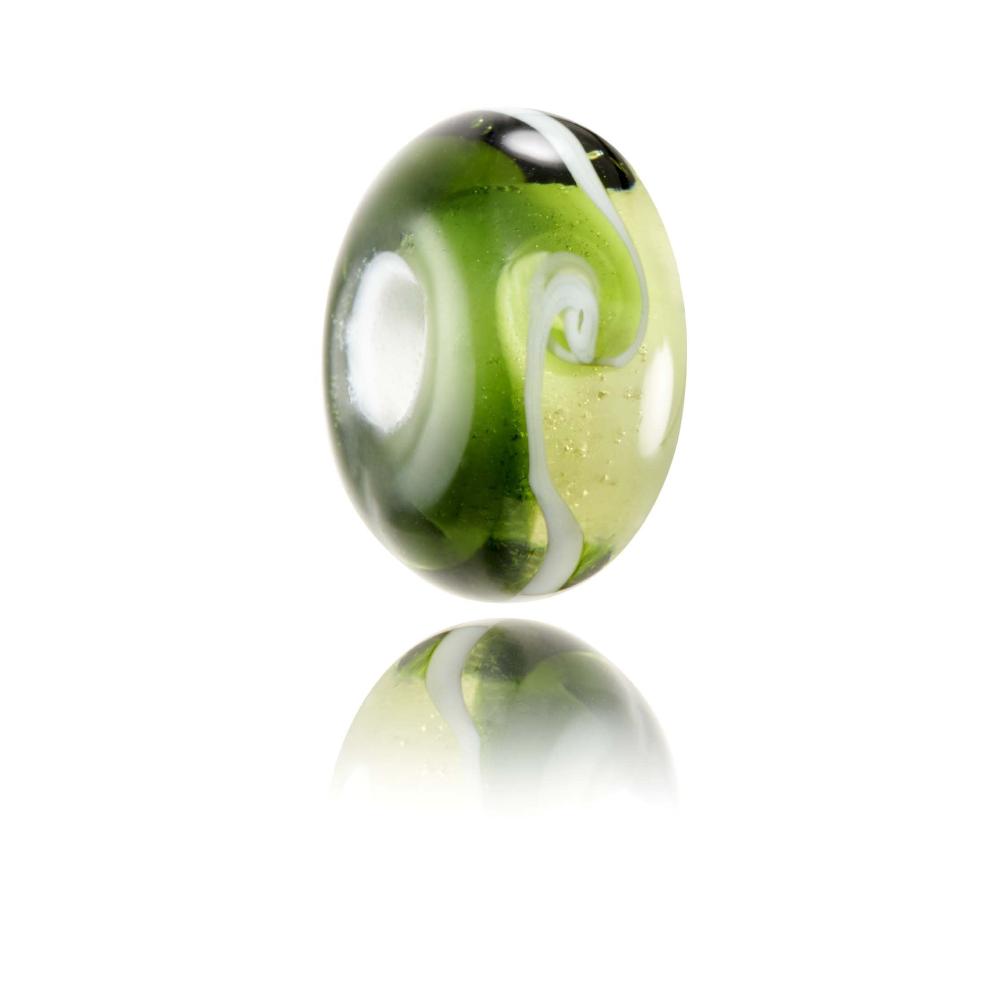 Green transparent glass bead with a white swirl round the middle, representing the Devon County of the UK.