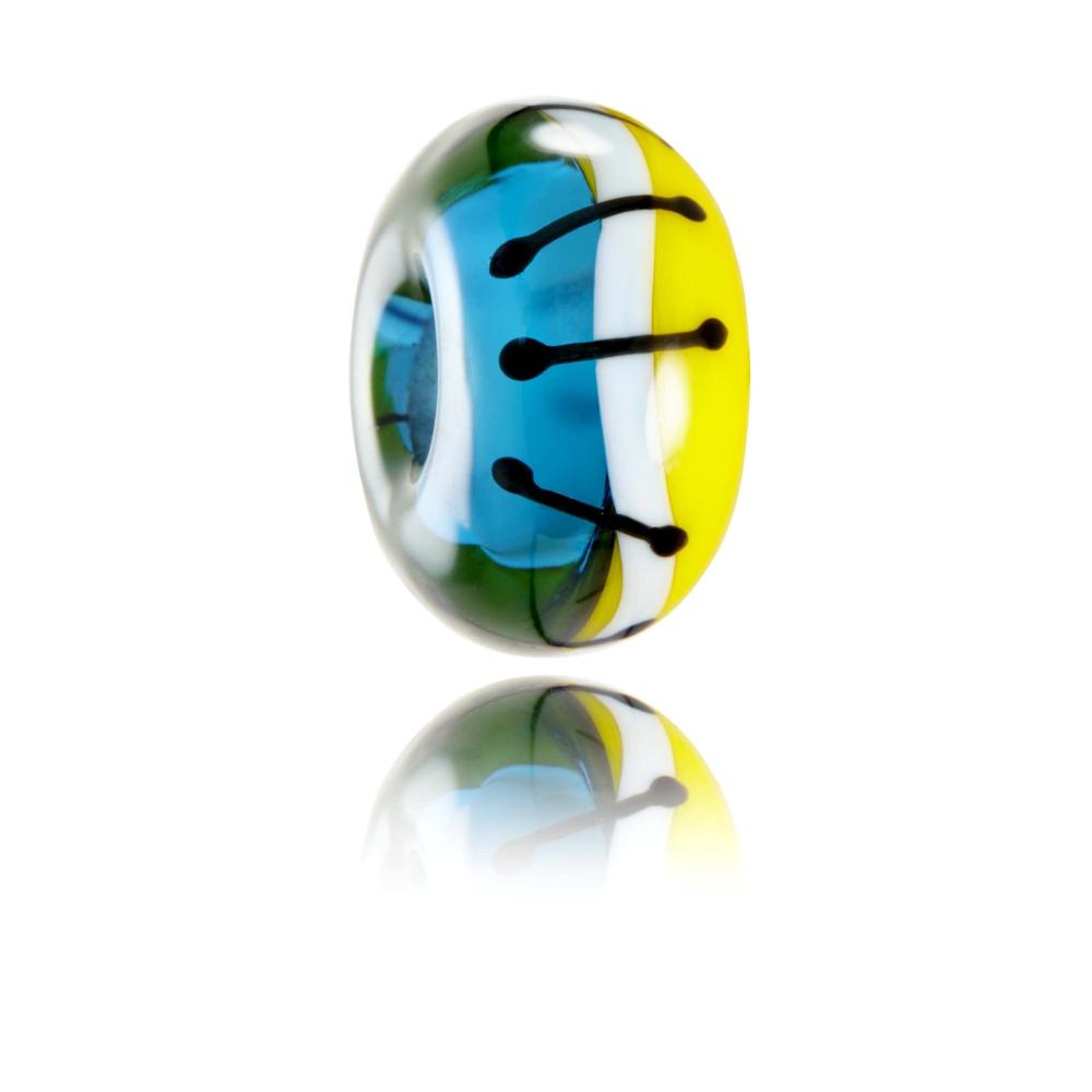 Blue and yellow lass bead with white and black stripes. Representing Domburg beach in the Netherlands.