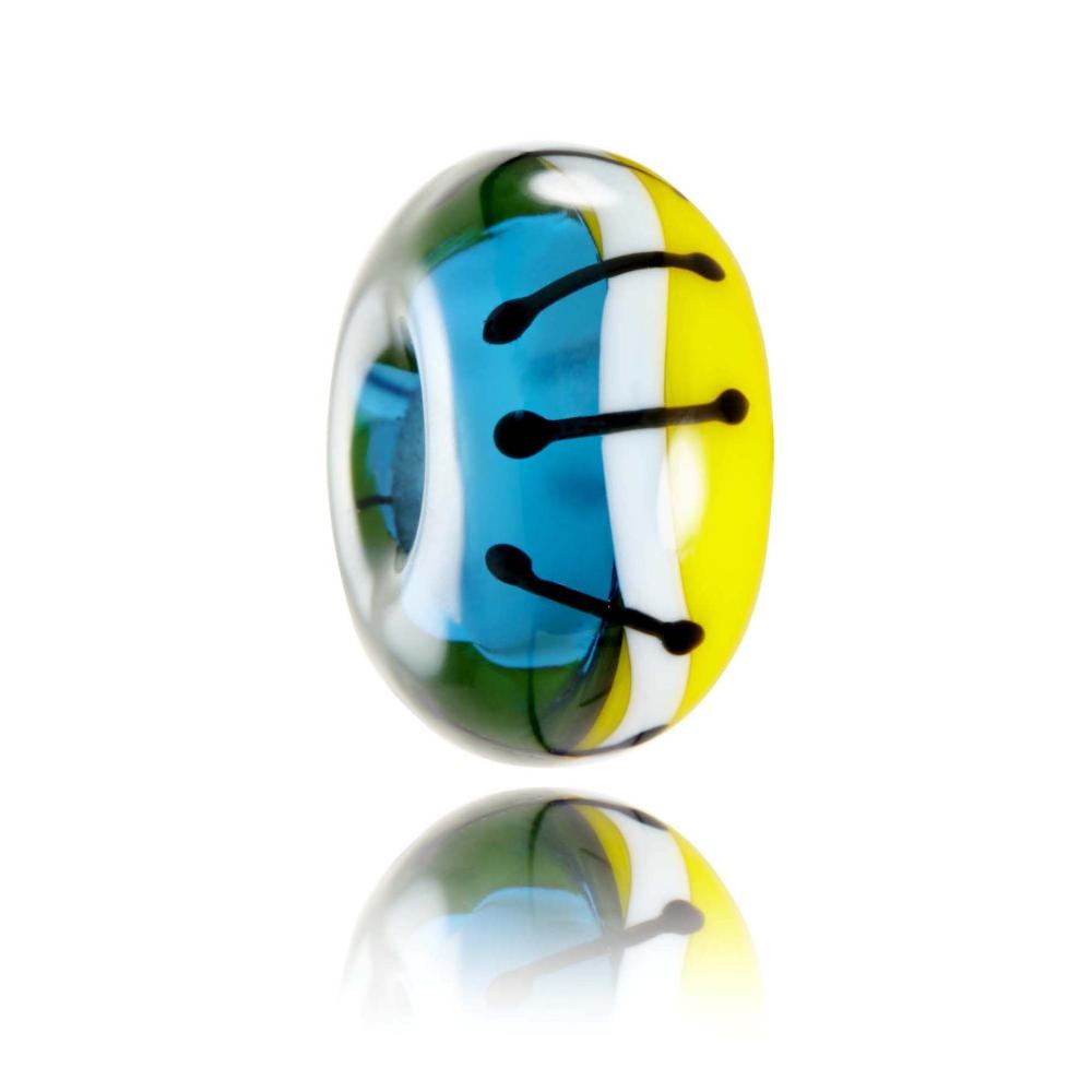 Blue and yellow lass bead with white and black stripes. Representing Domburg beach in the Netherlands.