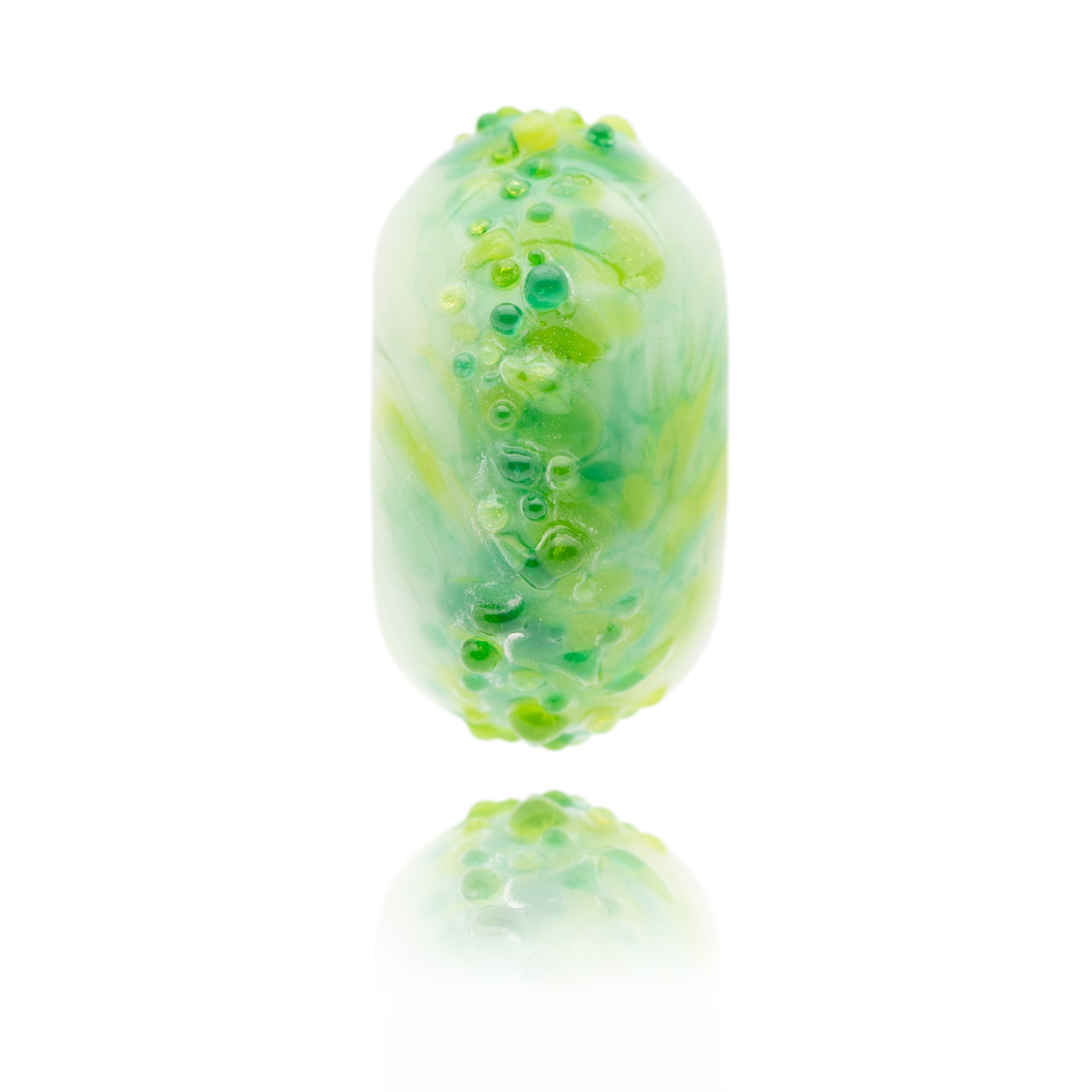 Green glass bead with shards of light and dark green glass on the surface. This bead represents Ballybunion in Ireland.