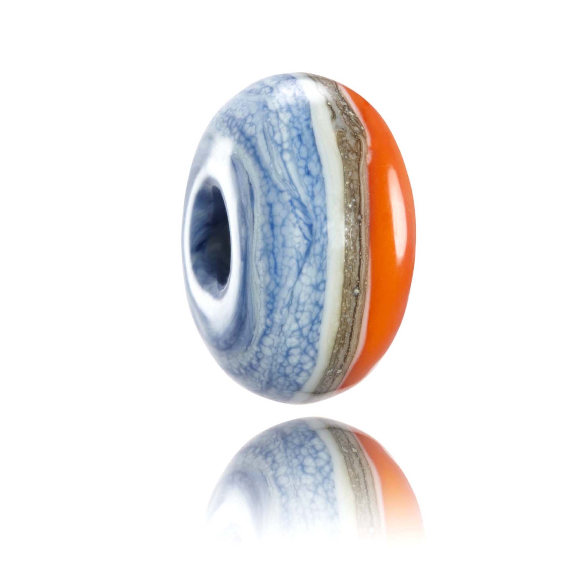 Lapis blue and orange glass bead with silver stringer around the middle for Durban, South Africa.