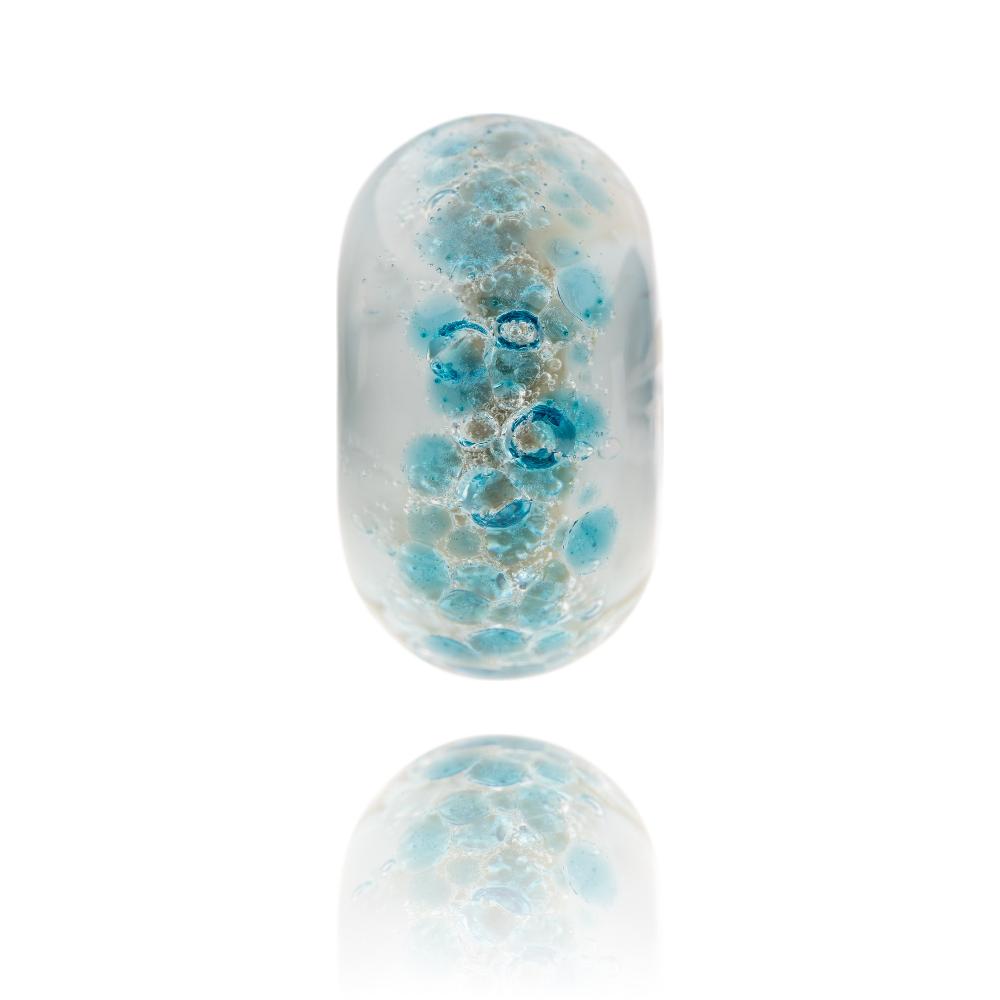 White, blue and grey bubble glass bead designed to represent Downderry beach in Cornwall.