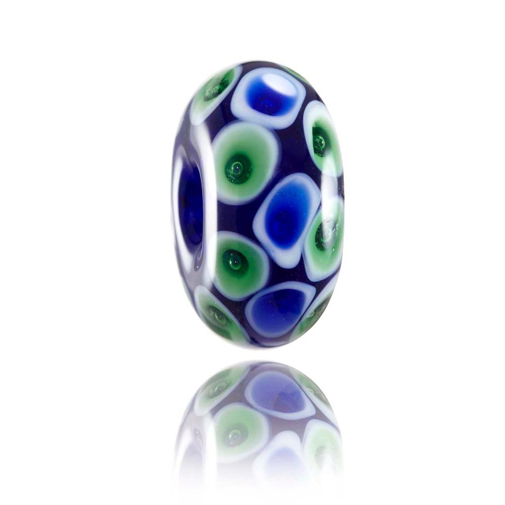 Blue and green spotted glass bead for Fitzroy in New Zealand.